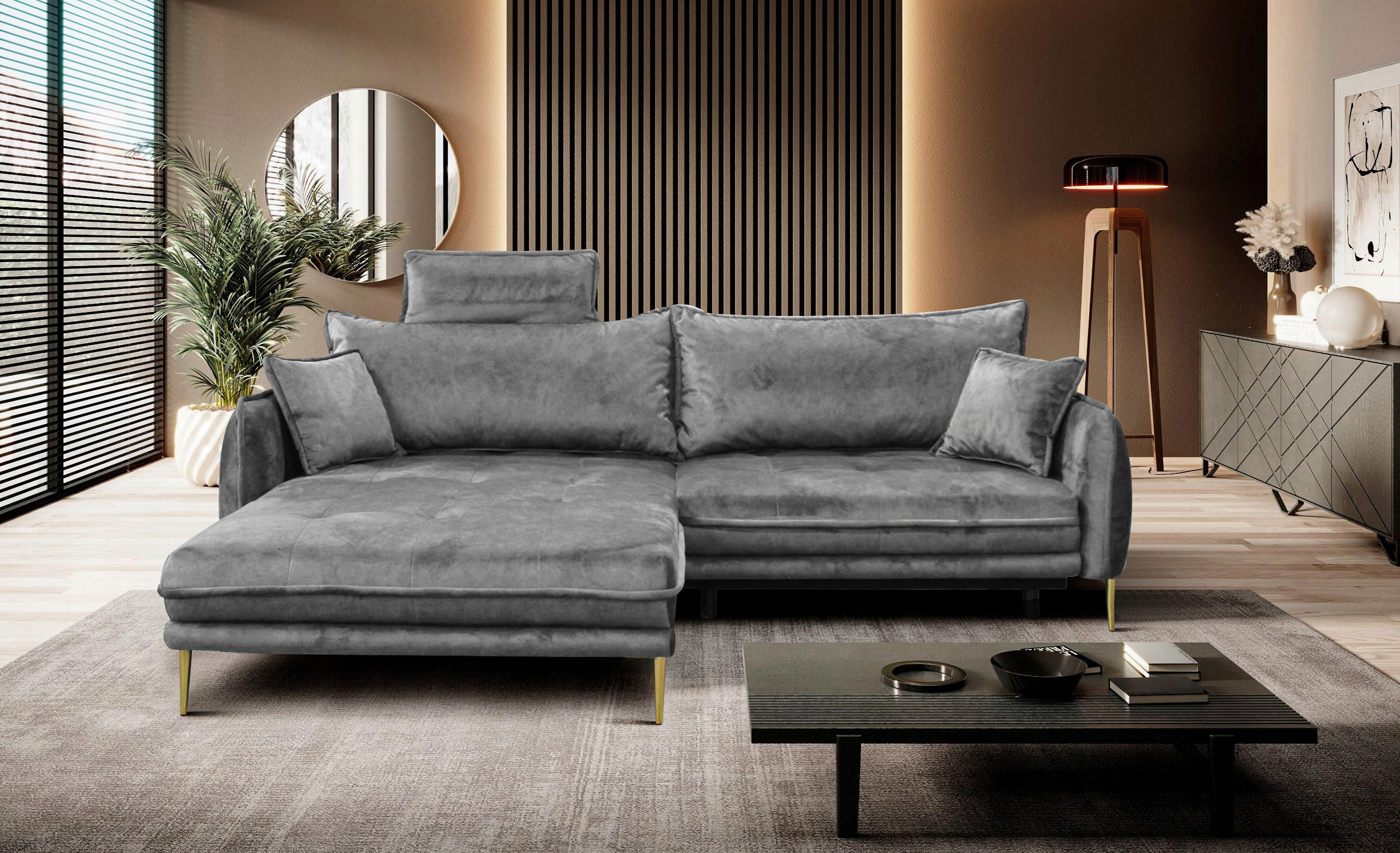 ECKSOFA Grau Velours  - Goldfarben/Grau, Design, Textil/Metall (196/264cm) - MID.YOU