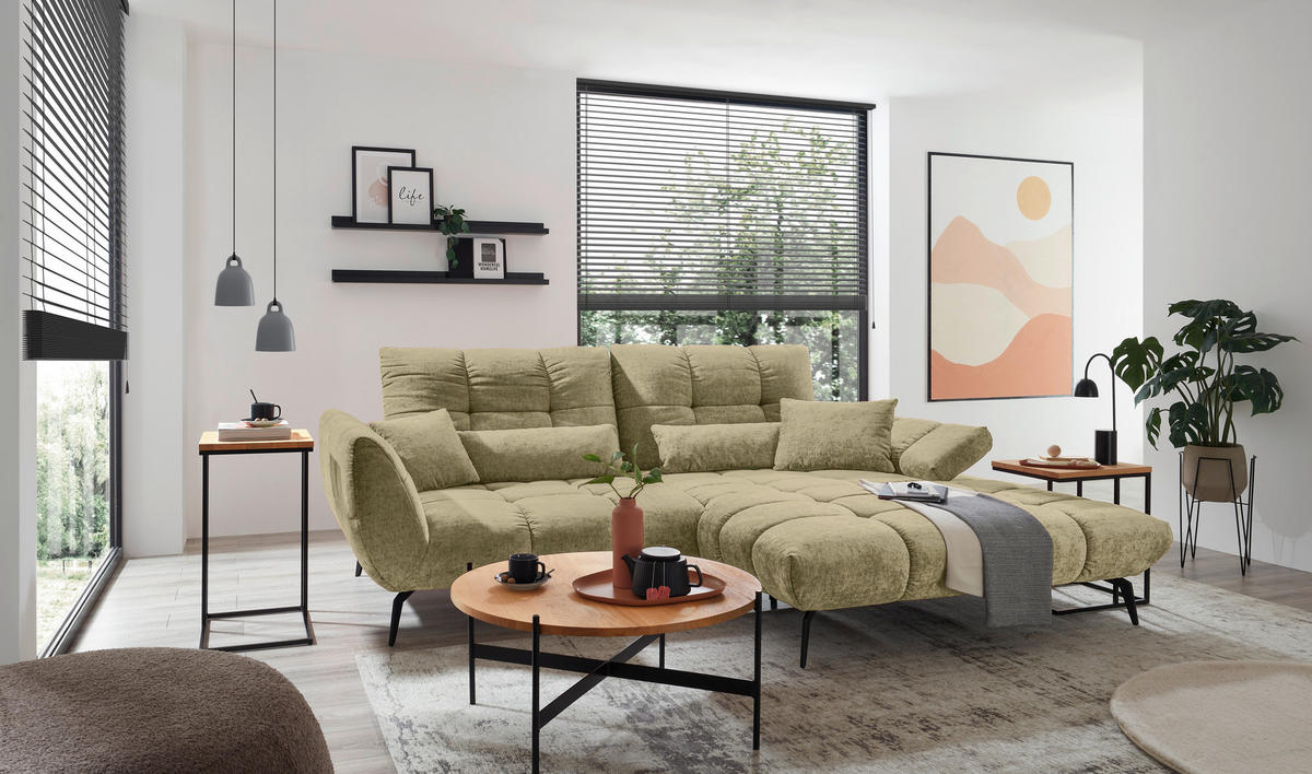 ECKSOFA Olivgrün Flachgewebe Rücken echt, Sitztiefenverstellung  - Schwarz/Olivgrün, KONVENTIONELL, Textil/Metall (273/211cm) - SetOne by Musterring