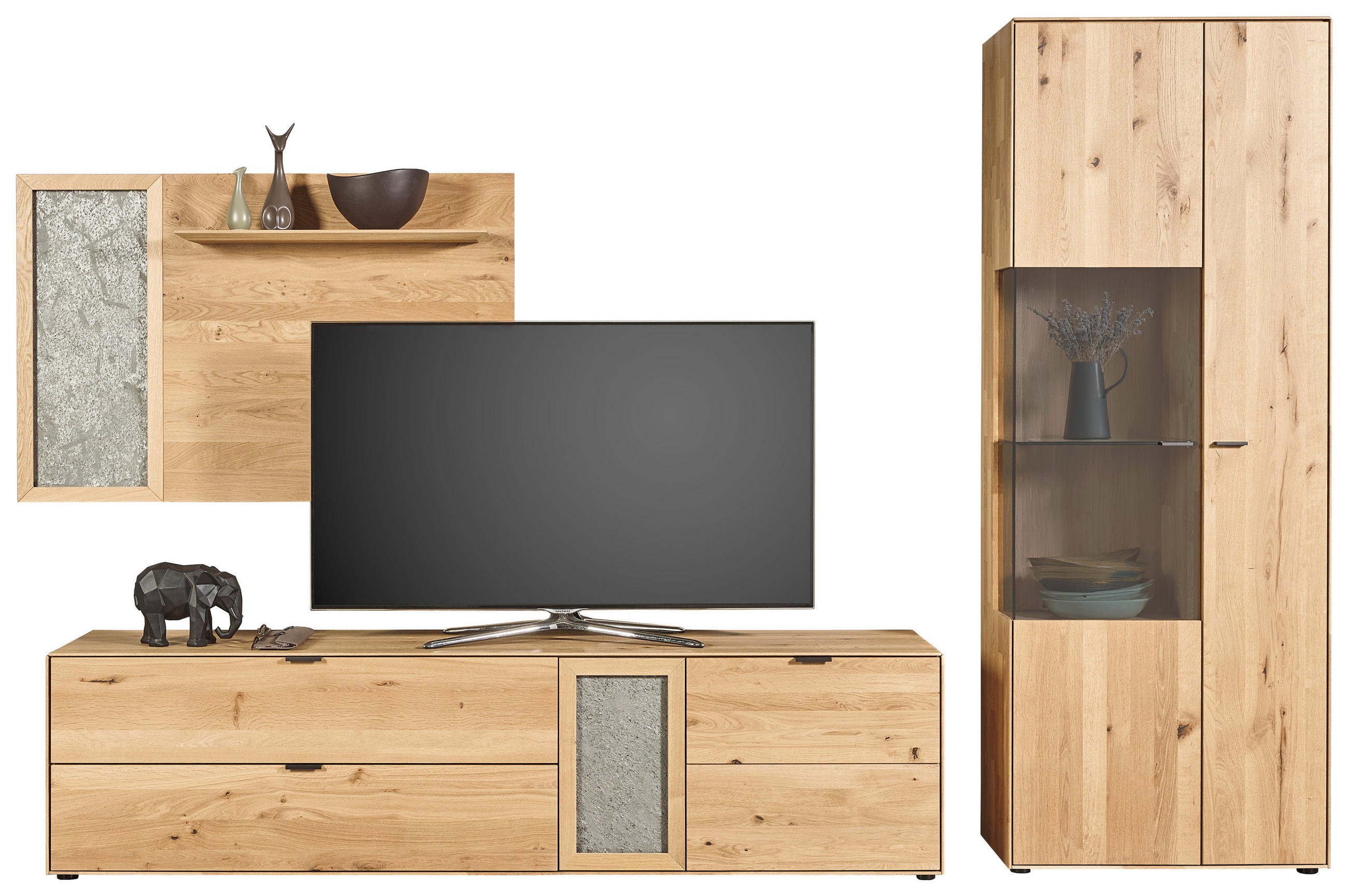 WOHNWAND  in Wildeiche  322,4/205,5/45,2 cm  - Wildeiche/Schwarz, Natur, Glas/Holz (322,4/205,5/45,2cm) - Valnatura