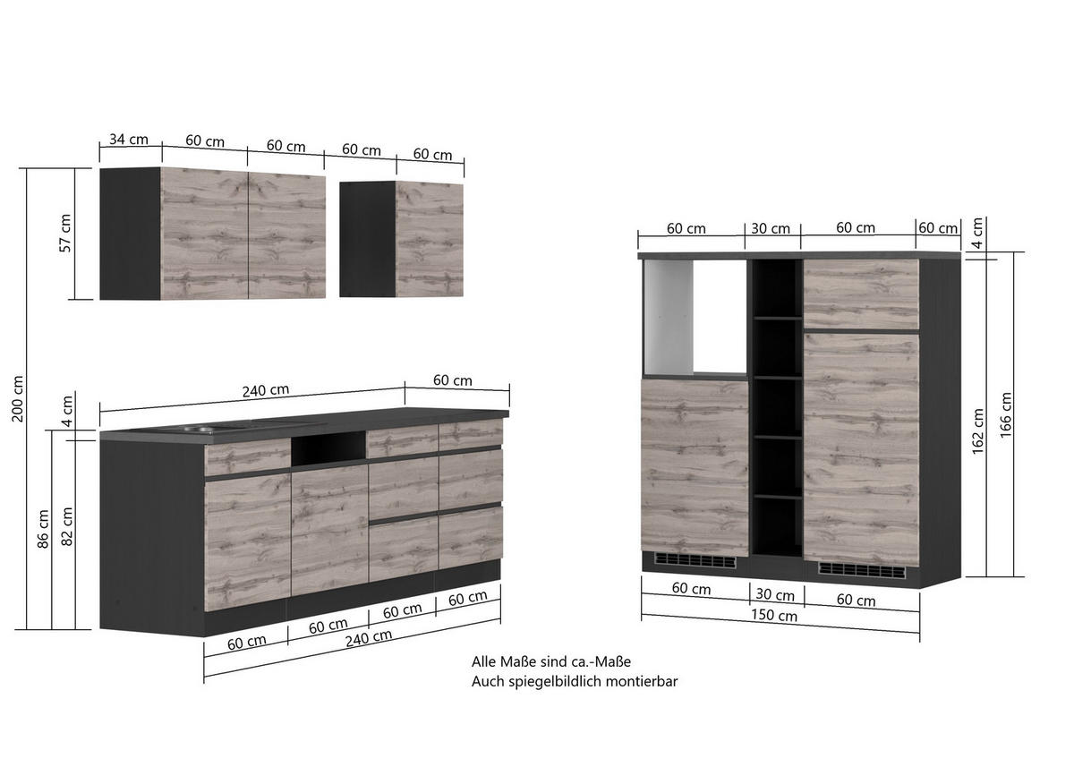 KÜCHENLEERBLOCK 390 cm   in Grau, Eiche Wotan  - Eiche Wotan/Grau, Design, Holzwerkstoff (390cm) - Held