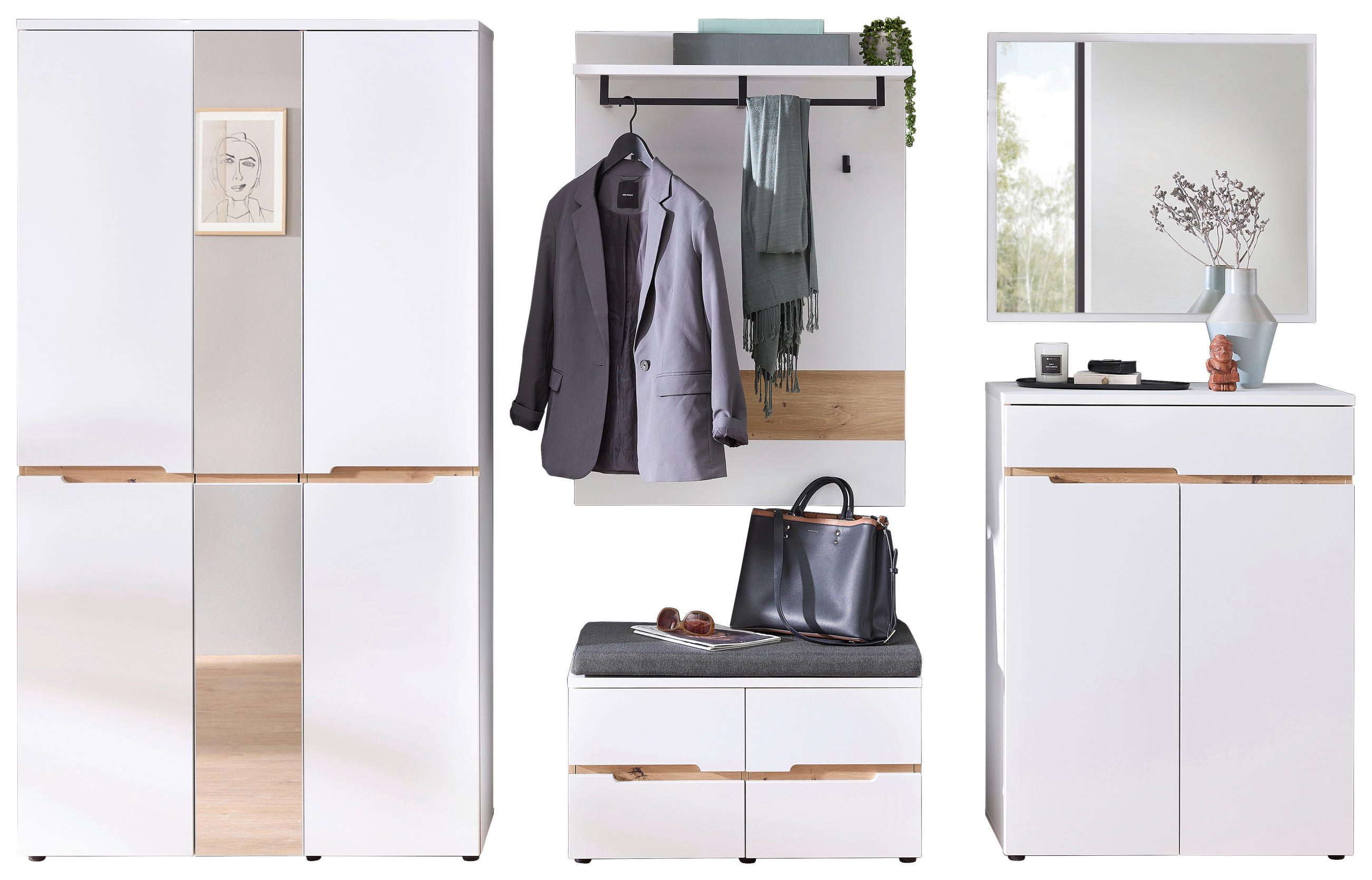 GARDEROBE 7-teilig  in 295/197/38 cm  - Weiß/Eiche Artisan, Design, Glas/Holzwerkstoff (295/197/38cm) - Voleo