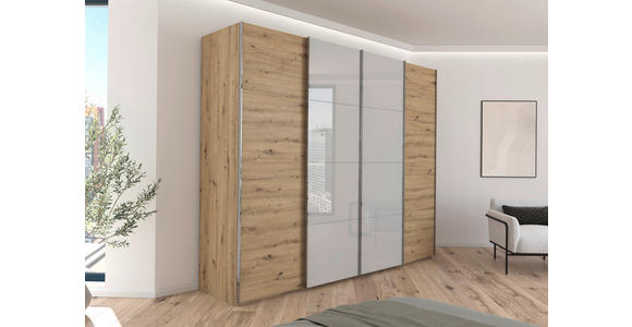 SCHWEBETÜRENSCHRANK 271/235/68 cm 4-türig Grau, Eiche Artisan  - Chromfarben/Eiche Artisan, KONVENTIONELL, Glas/Holzwerkstoff (271/235/68cm) - Novel