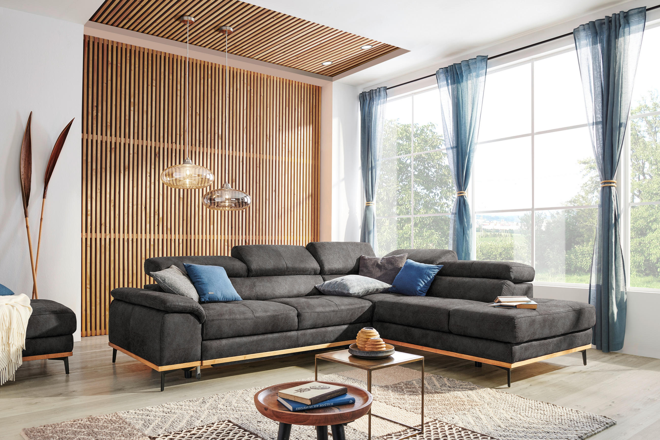 ECKSOFA Anthrazit Lederlook  - Anthrazit/Schwarz, Natur, Holz/Textil (282/226cm) - Novel