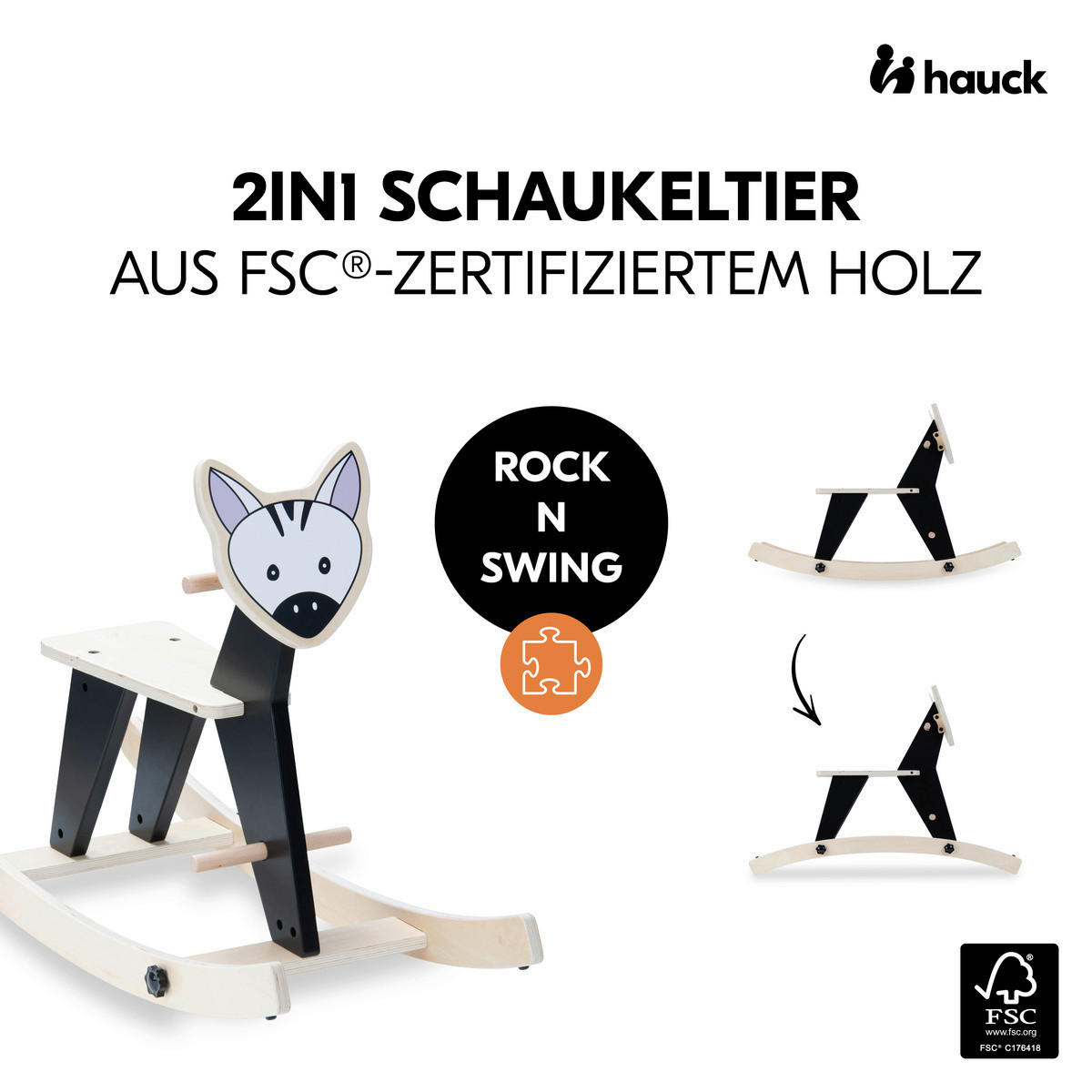 SCHAUKELTIER ROCK N SWING  - Schwarz/Weiß, Basics, Holz (32,5/55/82cm) - Hauck