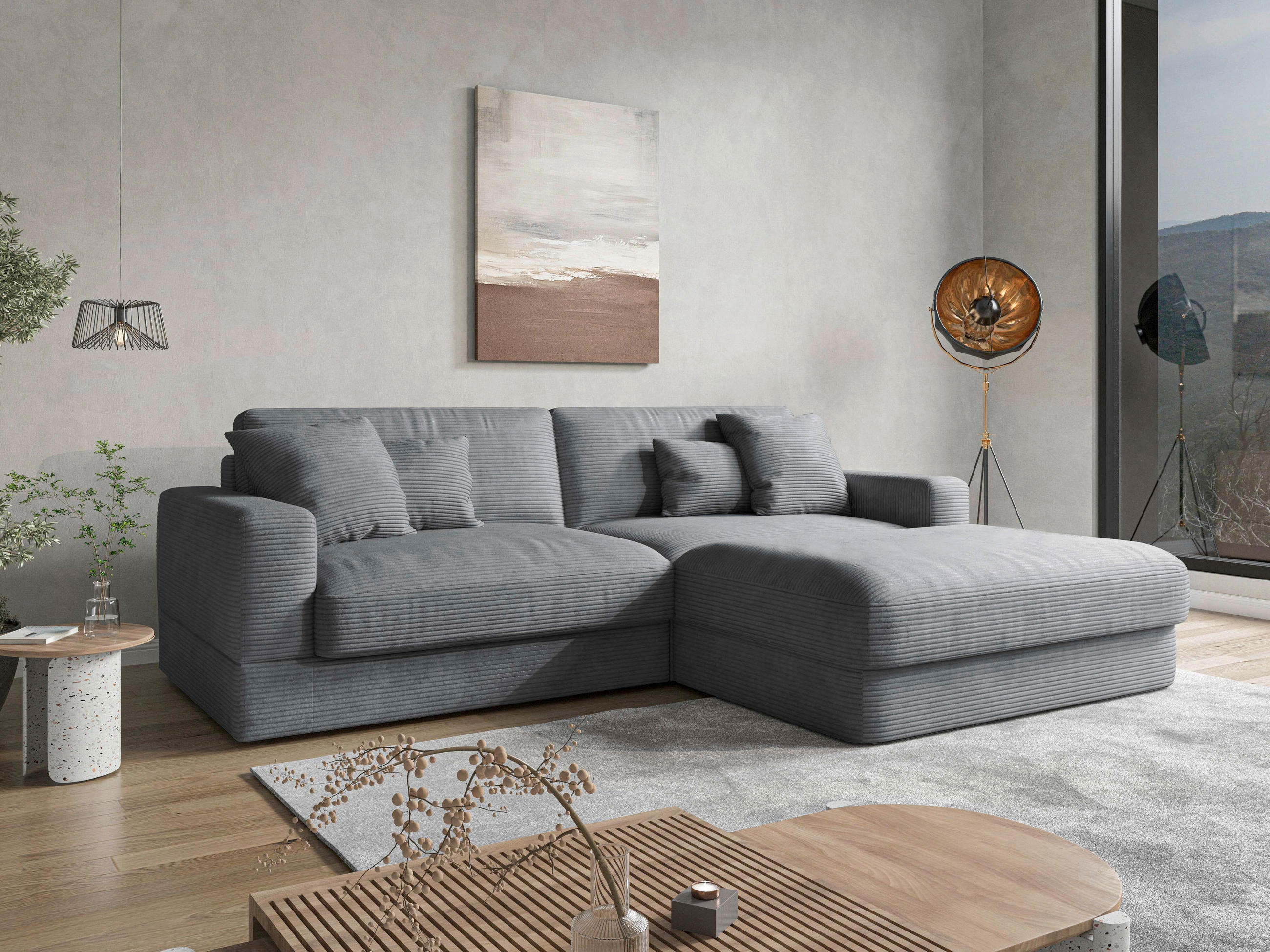 ECKSOFA FABIO E Grau Cord  - Schwarz/Grau, MODERN, Kunststoff/Textil (264/196cm) - Sit & More