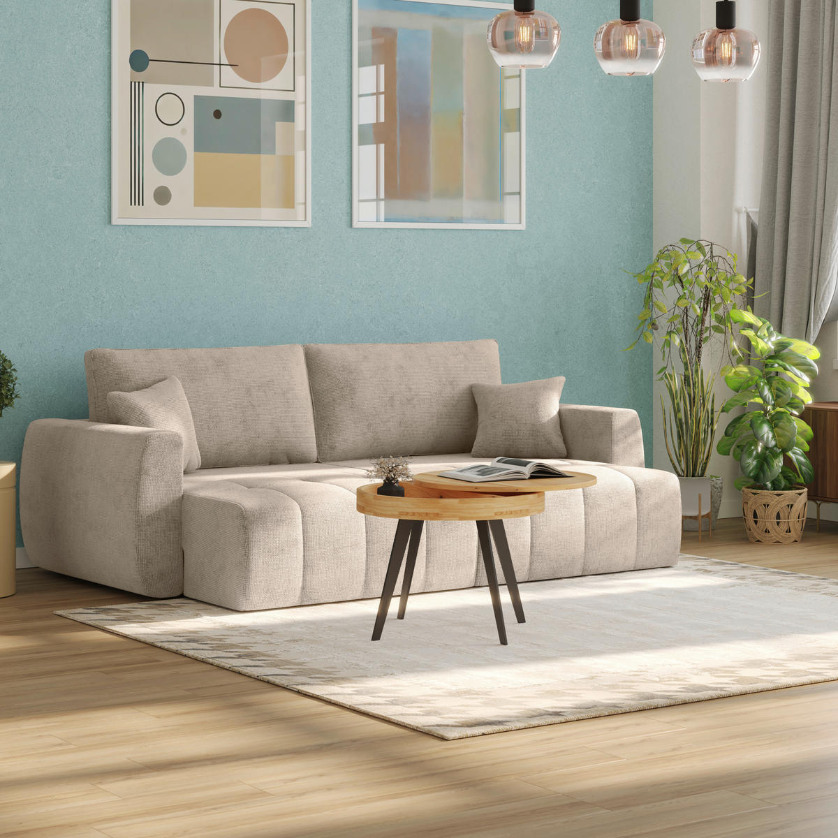 SCHLAFSOFA  mit Stoffauswahl Webstoff Beige  - Beige/Schwarz, MODERN, Holz/Textil (245/74-90/104cm) - MID.YOU