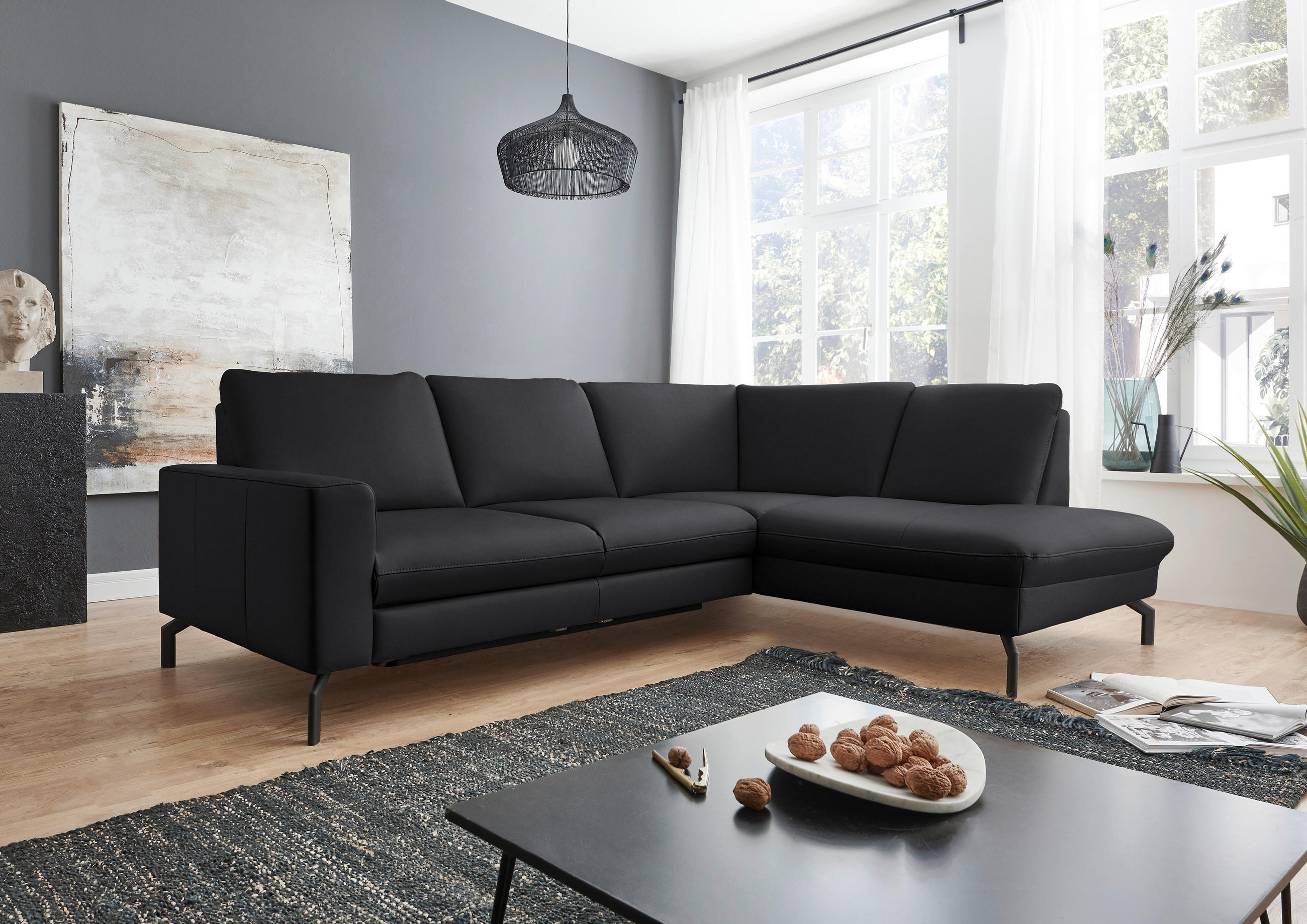 ECKSOFA in Echtleder Anthrazit  250/194 cm  - Anthrazit/Schwarz, Design, Leder/Metall (250/194cm) - Beldomo Premium