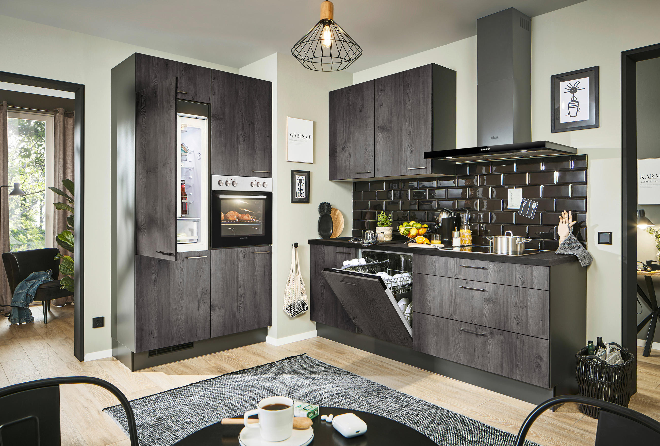 ECKKÜCHE 120/220 cm  in Graphitfarben, Schwarz, Lavagrau  - Lavagrau/Schwarz, Design, Holzwerkstoff/Metall (120/220cm) - Xora