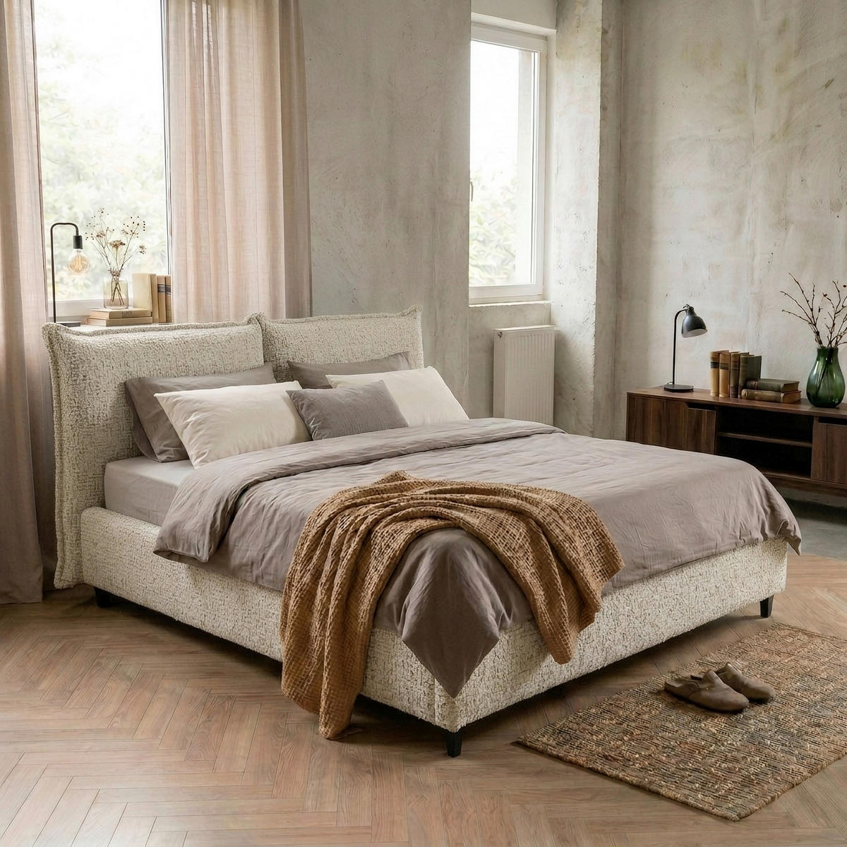 POLSTERBETT gepolstertes Kopfteil, Lattenrost, Bettkasten Naturfarben 180/200 cm  - Schwarz/Naturfarben, MODERN, Holz/Textil (180/200cm) - Livetastic