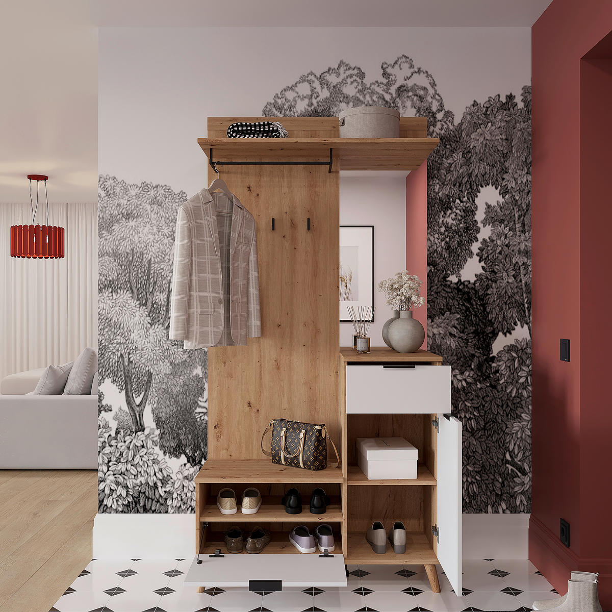 HALLMÖBEL  i 100/202/40 cm  - vit/ek Artisan, Design, trämaterial/glas (100/202/40cm) - home24