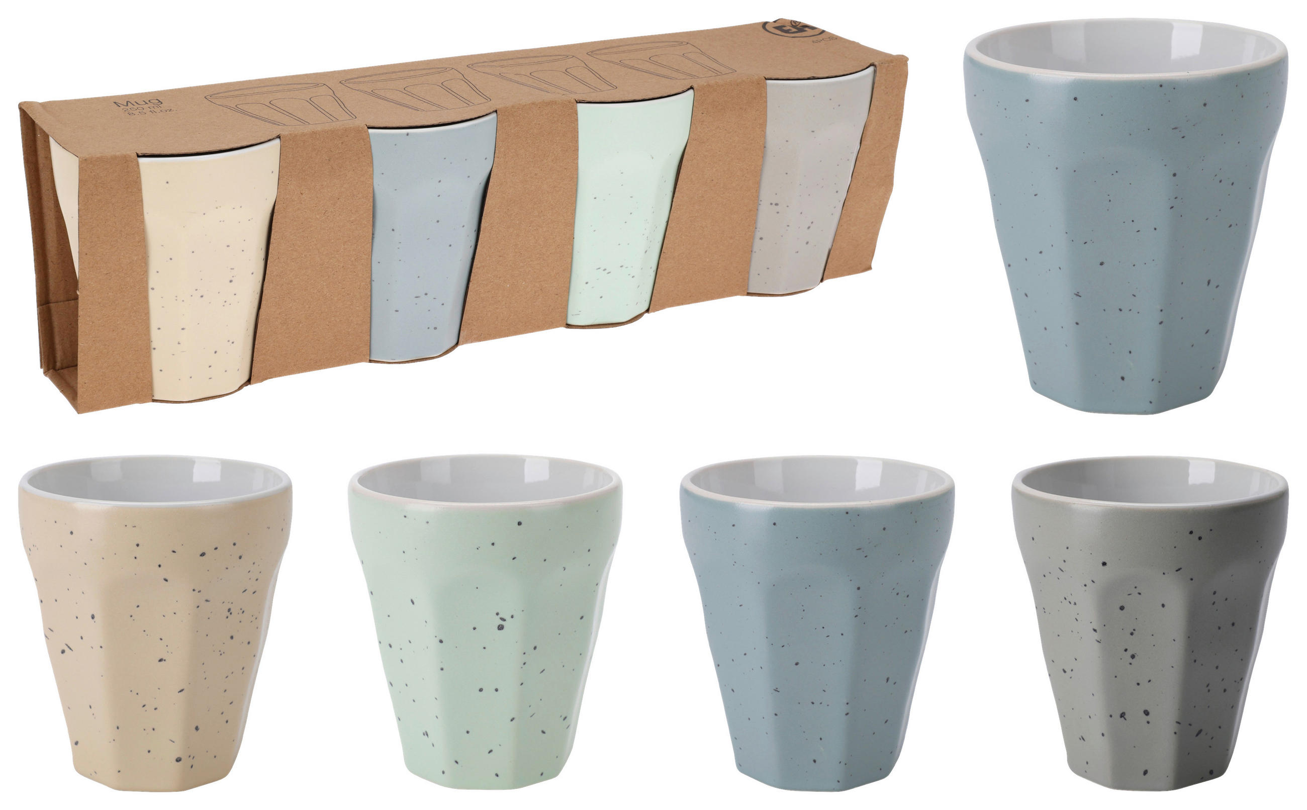 Kaffeebecher Porzellan 250ml 4 Stk. Beige/blau/grün/grau