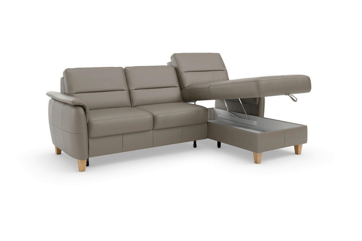 ECKSOFA PALMERA E Grau Kombination Echtleder/Stoff Mikrofaser Bettkasten  - Eichefarben/Grau, Basics, Leder/Holz (244/163cm) - Sit & More