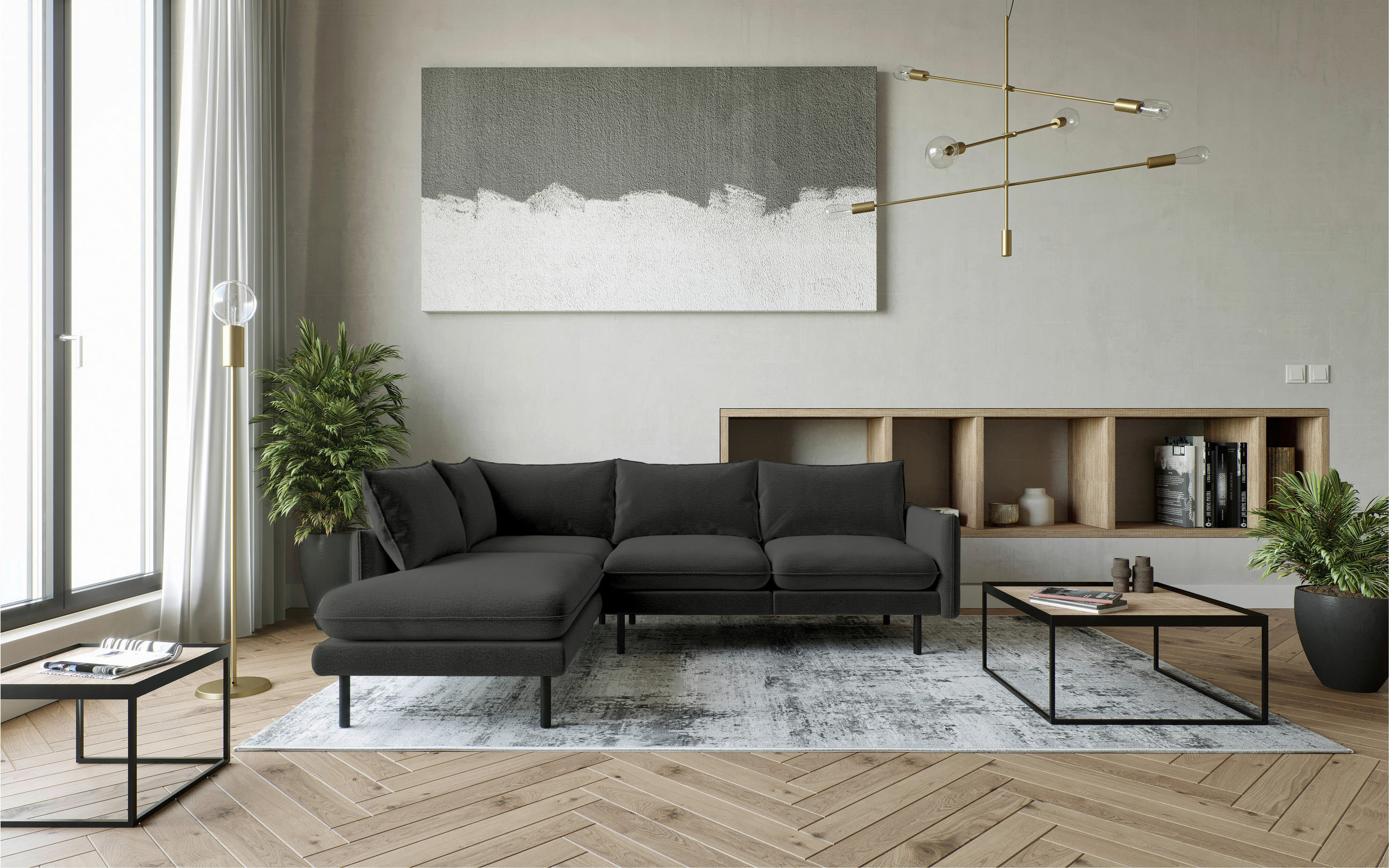 ECKSOFA Dunkelgrau Flachgewebe  - Dunkelgrau/Schwarz, Design, Textil/Metall (204/267cm) - Livetastic