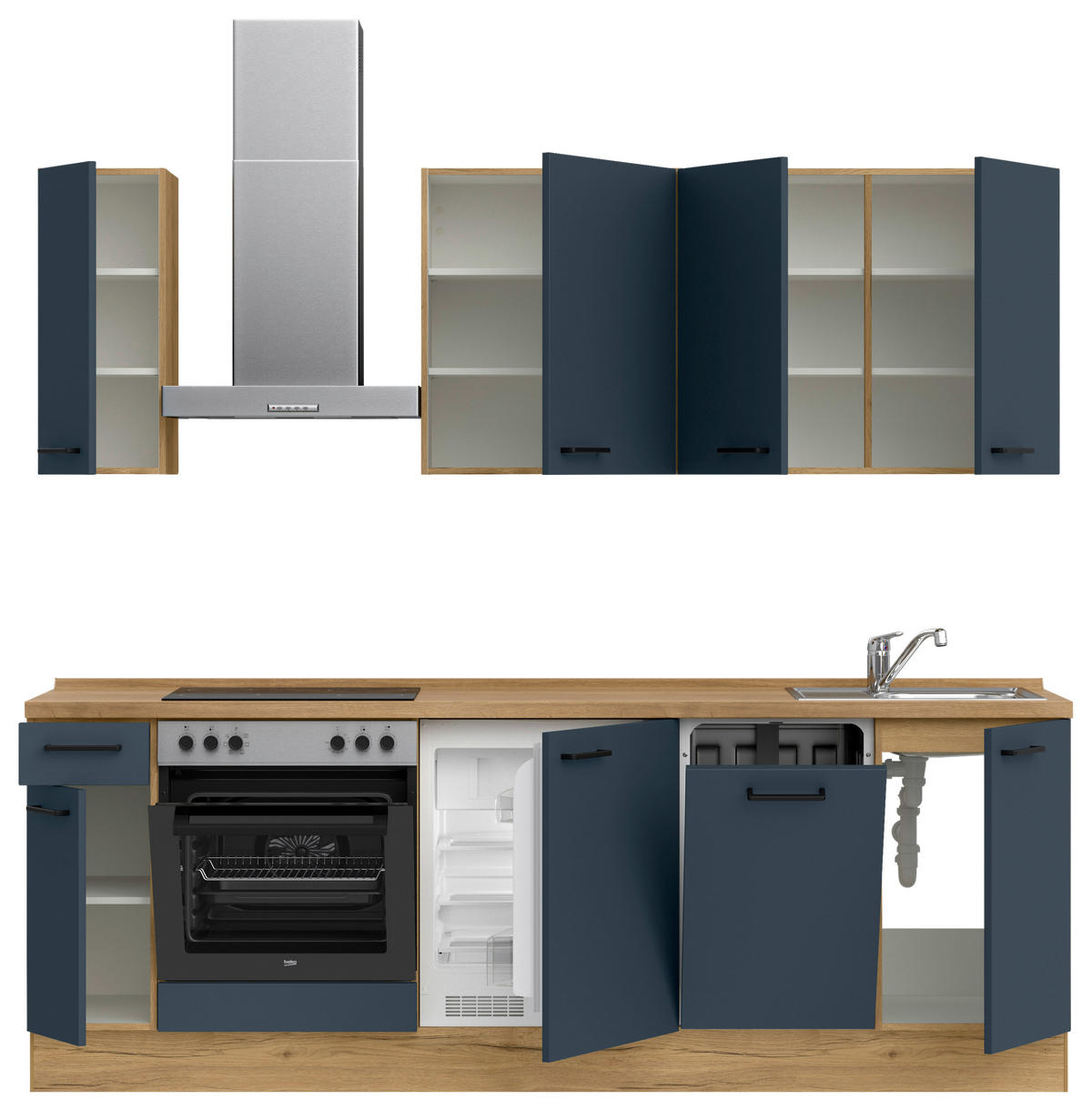 KÜCHENBLOCK Easytouch 240 cm  in Blau, Eichefarben  - Blau/Dunkelgrün, MODERN, Holzwerkstoff/Metall (240cm) - Nobilia