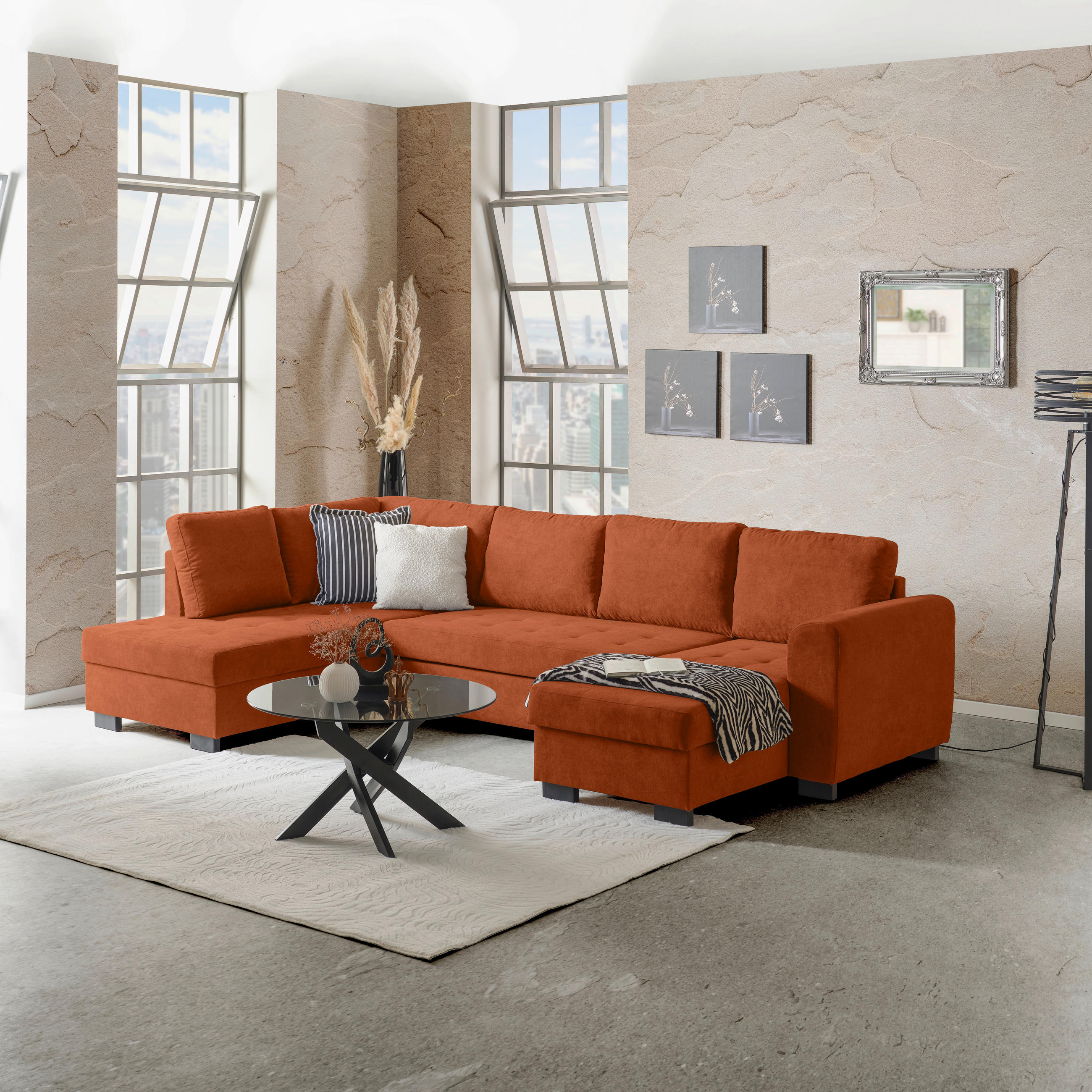 WOHNLANDSCHAFT Terracotta Mikrofaser  - Terracotta/Schwarz, MODERN, Kunststoff/Textil (178/305/155cm) - P & B