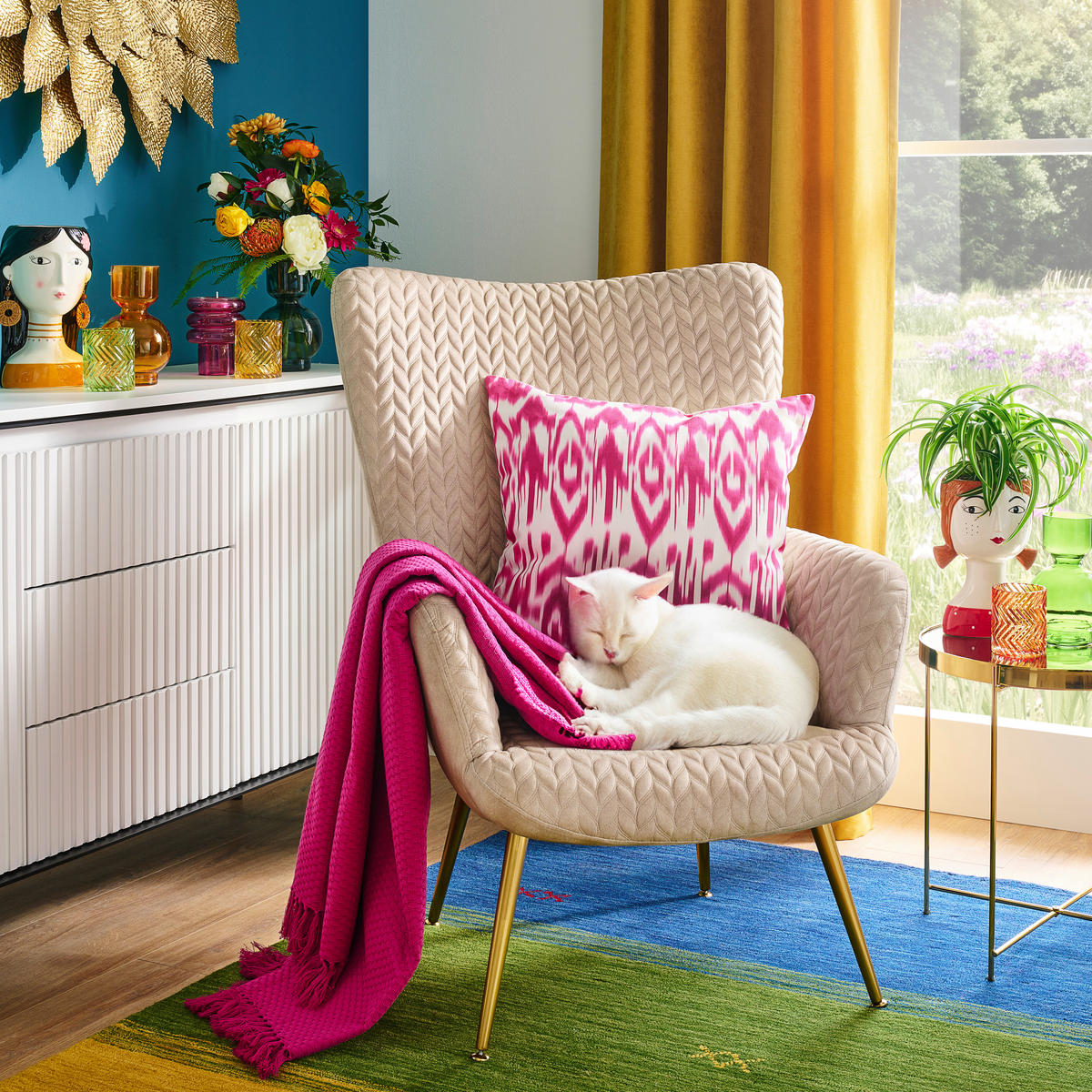 KRESLO UŠIAK, kov, textil, béžová - zlatá/béžová, Design, kov/textil (74/96/83cm) - Ambia Home