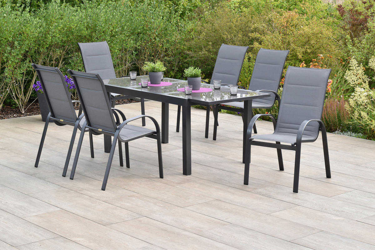 GARTENTISCHGRUPPE  - Graphitfarben/Braun, KONVENTIONELL, Glas/Textil - Gardenson