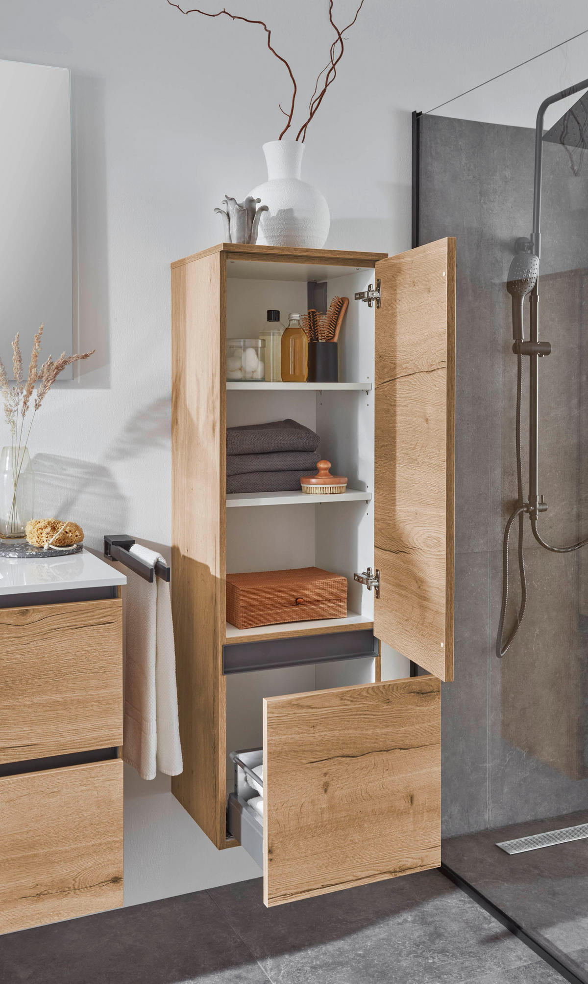 BADEZIMMER 3-teilig  in 81 cm  - Edelstahlfarben/Weiß Hochglanz, MODERN, Holzwerkstoff/Stein (81cm) - Nobilia
