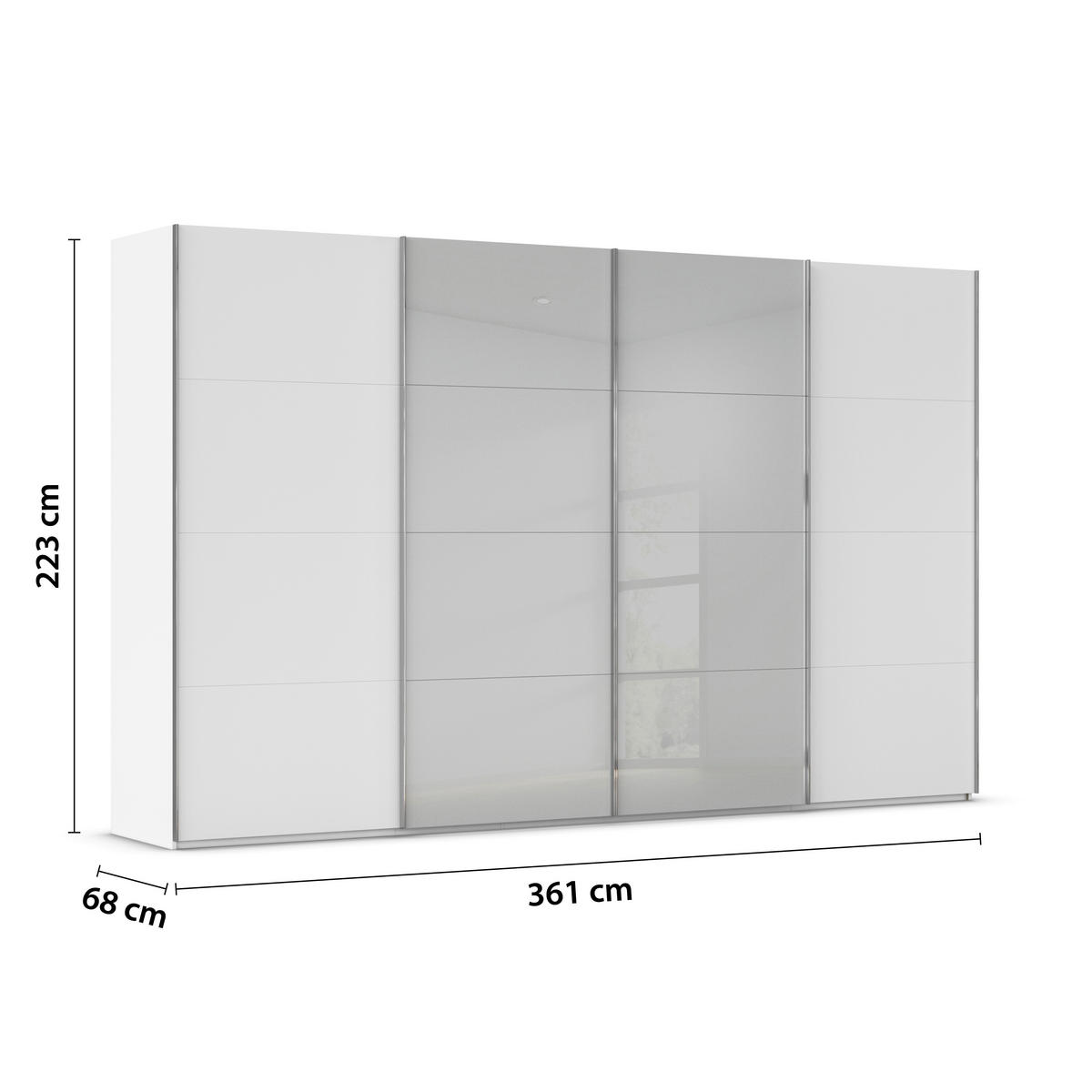SCHWEBETÜRENSCHRANK 361/223/68 cm 4-türig Weiß, Seidengrau  - Chromfarben/Seidengrau, KONVENTIONELL, Glas/Holzwerkstoff (361/223/68cm) - Novel