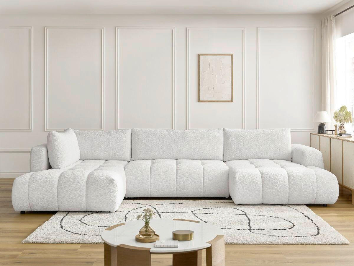 WOHNLANDSCHAFT  FUJI  Weiß Bouclé  - Schwarz/Weiß, MODERN, Kunststoff/Textil (204/377/160cm)