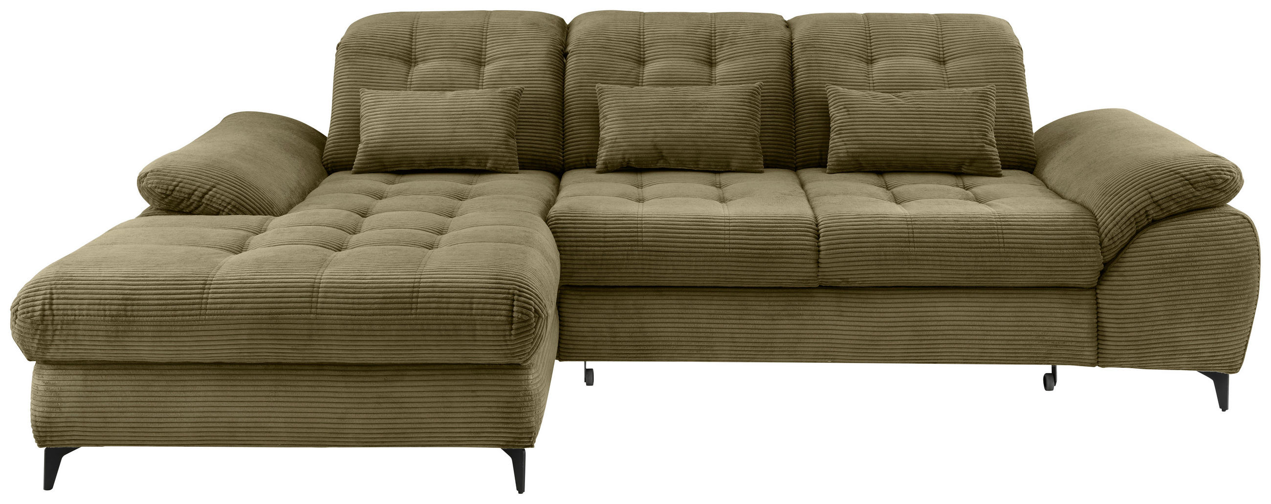 ECKSCHLAFSOFA  mit seitenverkehrt erhältlich, Rücken echt, Armteil links, Armteil rechts Cord Olivgrün  - Schwarz/Olivgrün, MODERN, Textil/Metall (189/273cm) - Livetastic