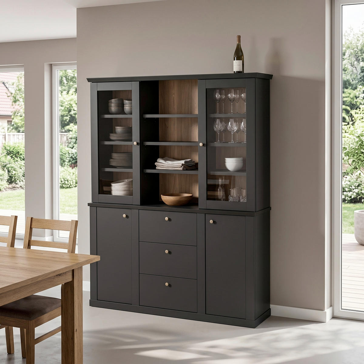 BUFFET 158/201/42 cm  in Schwarz, Eichefarben  - Eichefarben/Messingfarben, Design, Glas/Holzwerkstoff (158/201/42cm) - MID.YOU