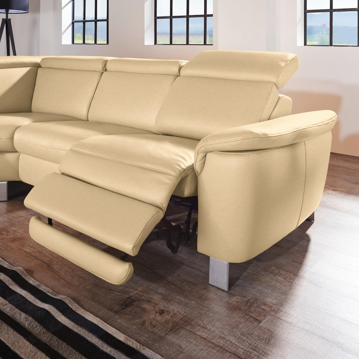 ECKSOFA in Echtleder Beige  - Beige/Alufarben, Design, Leder/Metall (239/271cm) - Cantus