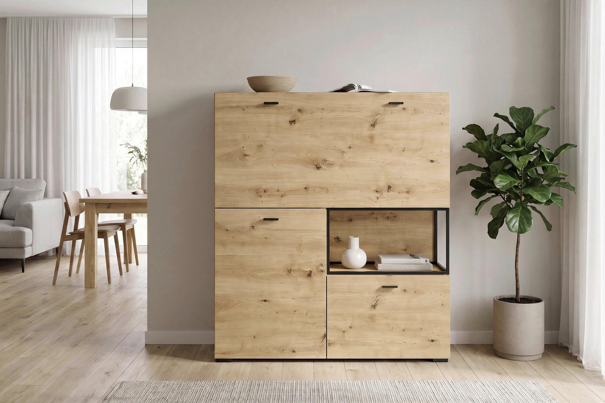 HIGHBOARD FRAME, 120/127/40 cm,  - Schwarz/Eiche Artisan, MODERN, Holzwerkstoff/Metall (120/127/40cm) - MID.YOU