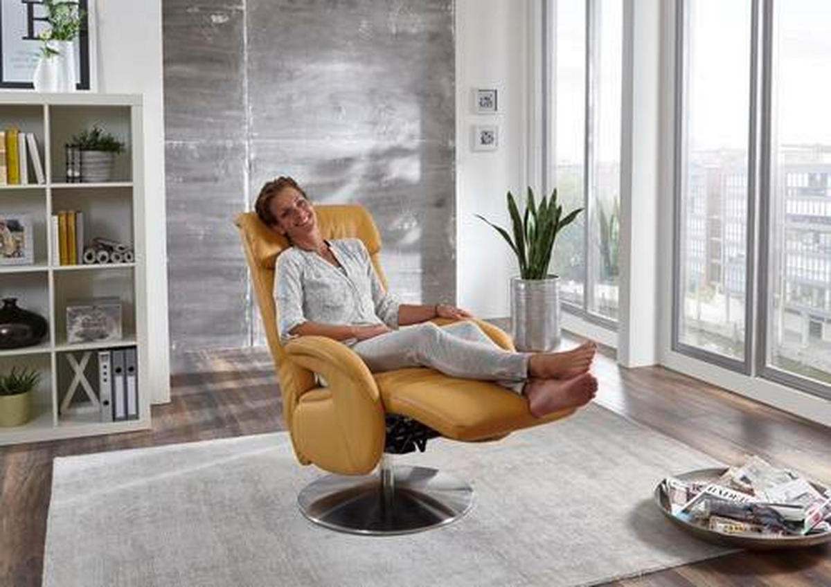 RELAXSESSEL Echtleder Relaxfunktion    - Chromfarben/Currygelb, Design, Leder/Metall (70/112/80cm) - Cantus