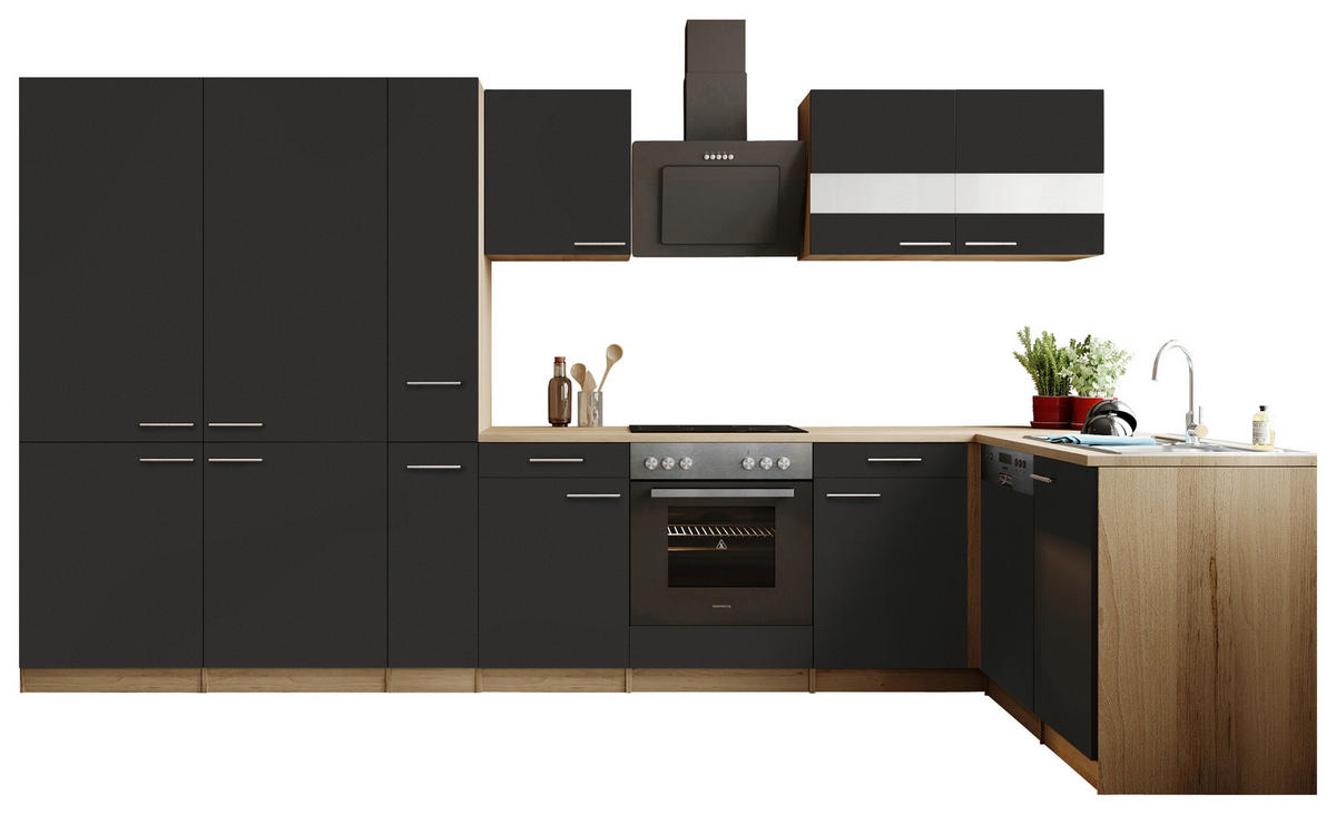 ECKKÜCHE Merle 370/172 cm  in Schwarz  - Edelstahlfarben/Eichefarben, Trend, Holzwerkstoff/Metall (370/172cm) - Respekta