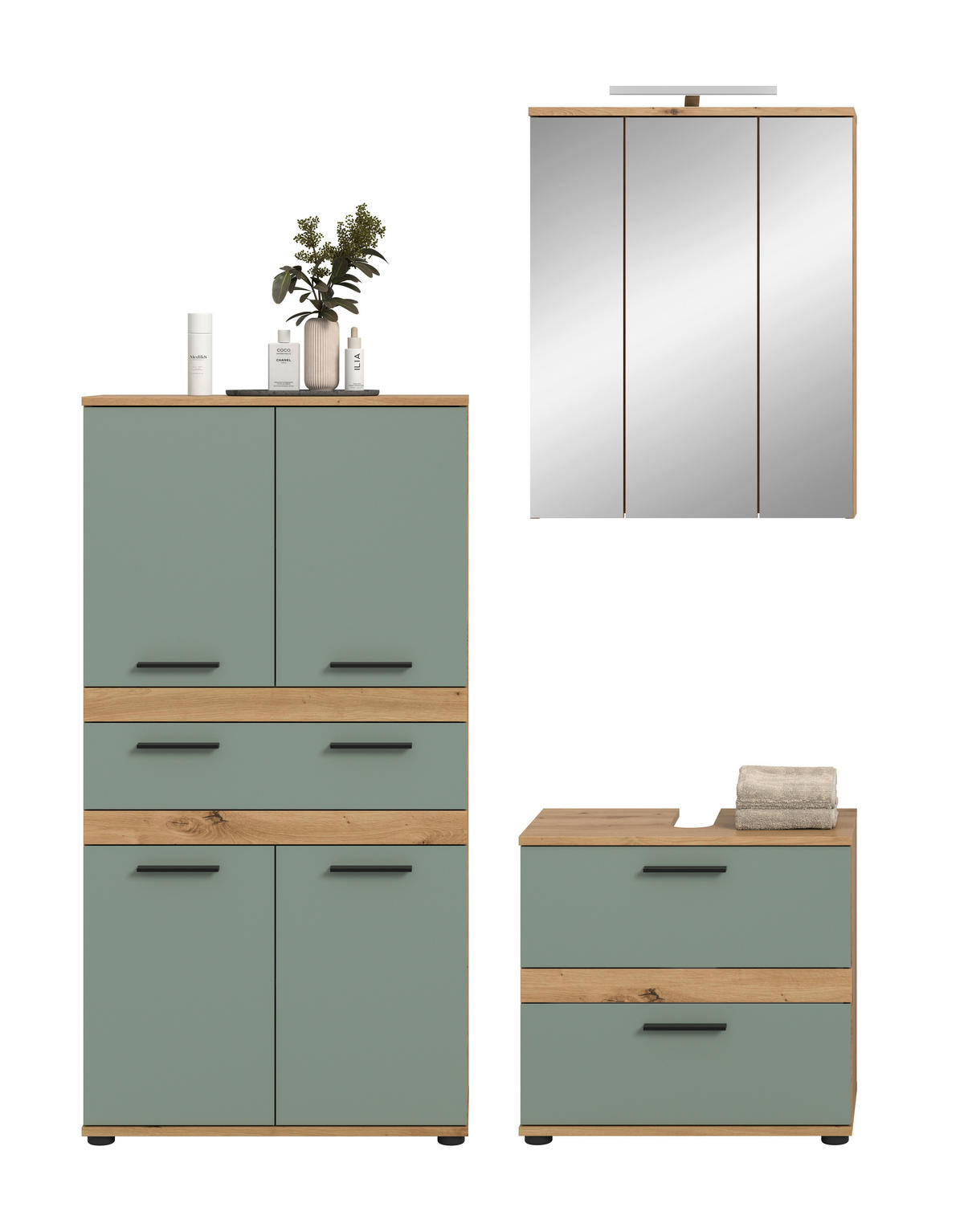 BADEZIMMER 4-teilig  in 145 cm  - Salbeigrün/Schwarz, Trend, Glas/Holzwerkstoff (145cm) - MID.YOU
