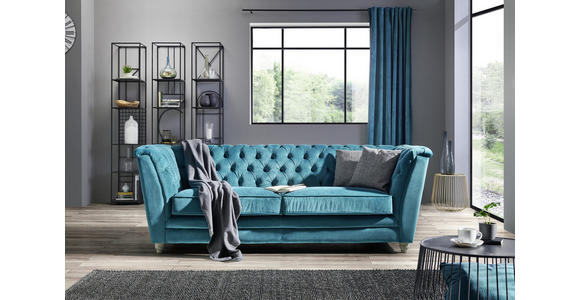 CHESTERFIELD-SOFA in Samt Türkis, Eichefarben - Türkis/Eichefarben, LIFESTYLE, Holz/Textil (220/78/90cm) - Ambia Home