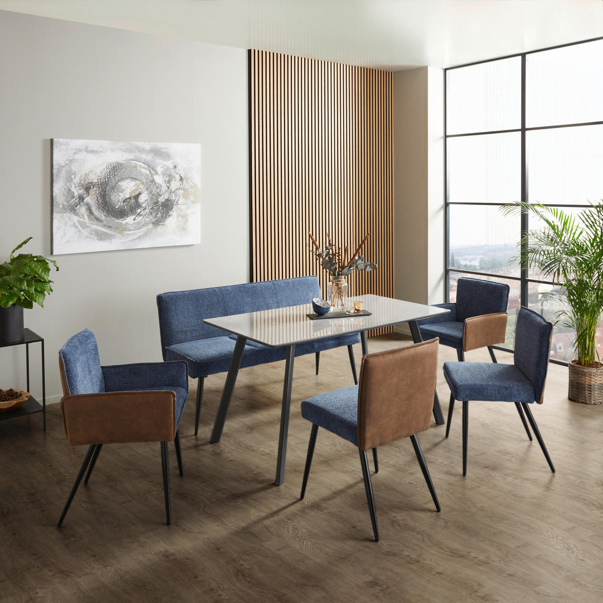 STUHL  in Eisen Leinenoptik, Webstoff Metall, Textil  - Blau/Schwarz, MODERN, Textil/Metall (57/84/48cm) - MID.YOU