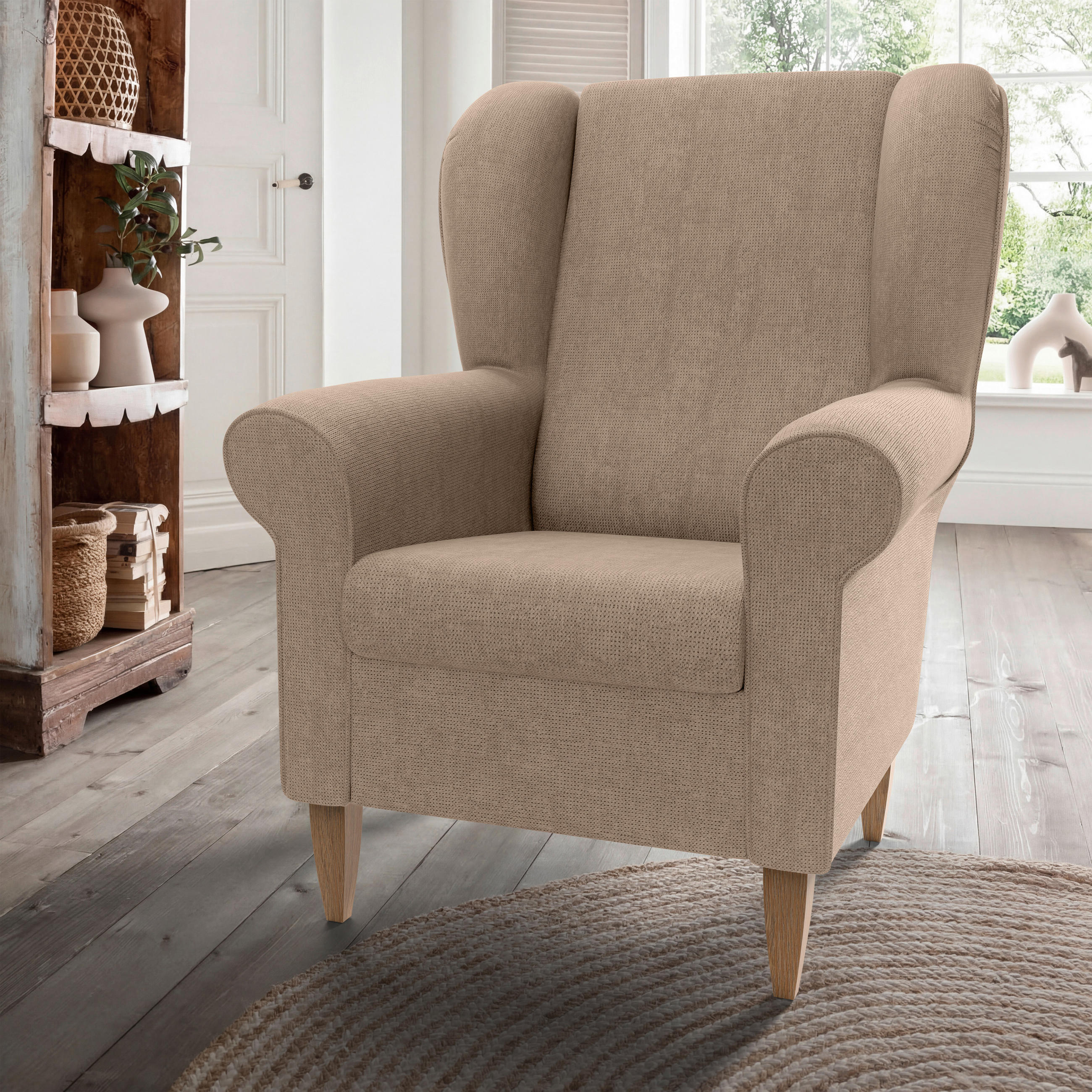 OHRENSESSEL Chenille Hellbraun  - Hellbraun/Naturfarben, Konventionell, Holz/Textil (80/102/86cm) - Livetastic