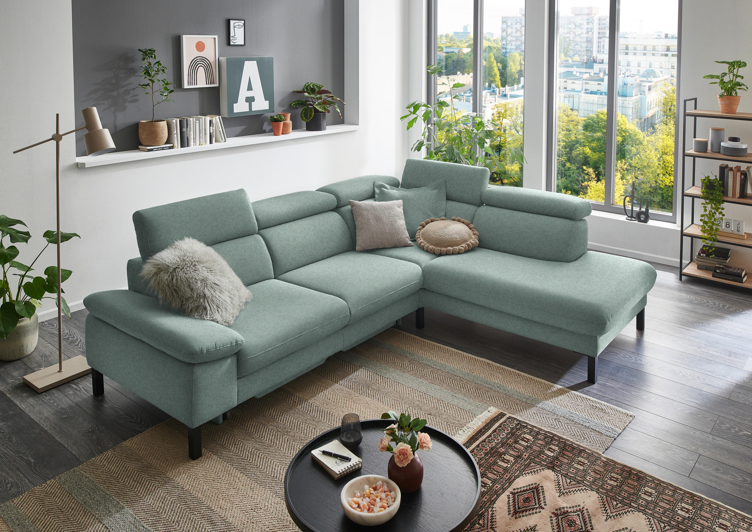 ECKSOFA in Flachgewebe Mintgrün  - Schwarz/Mintgrün, Design, Holzwerkstoff/Textil (272/217cm) - Pure Home Comfort