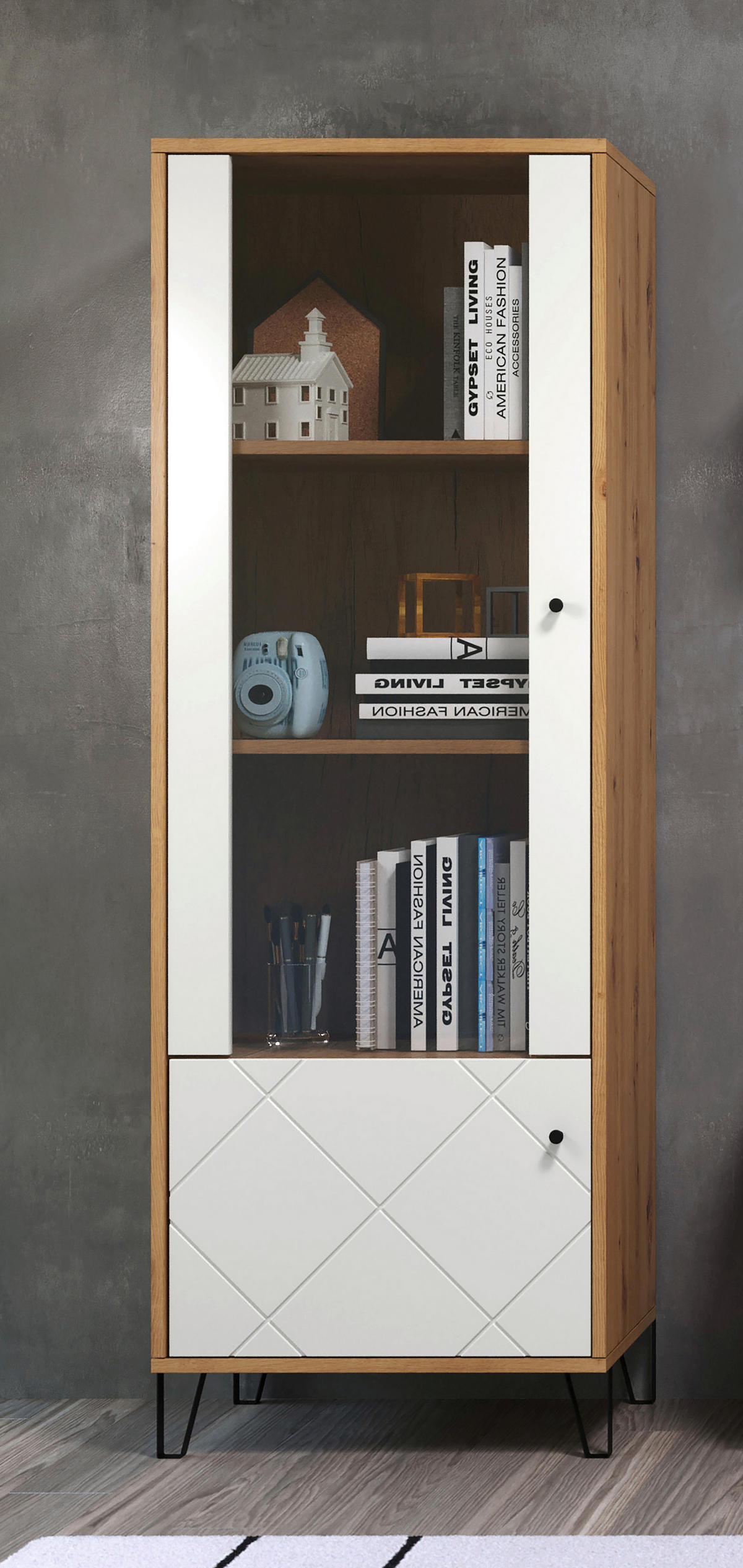 VITRINE TOUCH in Eiche Artisan, Weiß  - Schwarz/Weiß, Design, Glas/Holzwerkstoff (63/40/172cm) - MID.YOU