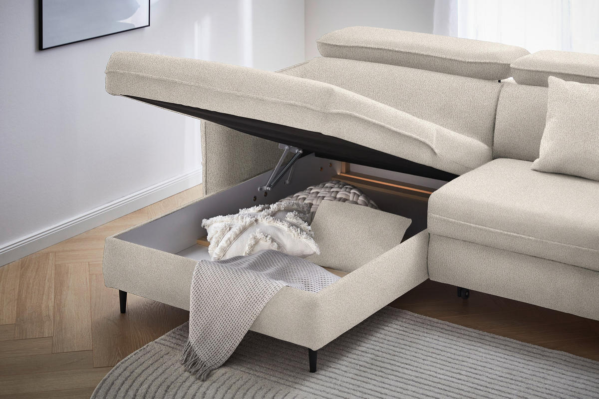 ECKSOFA inkl. Funktionen Beige Flachgewebe  - Beige/Schwarz, Design, Holz/Textil (185/232cm) - Stylife