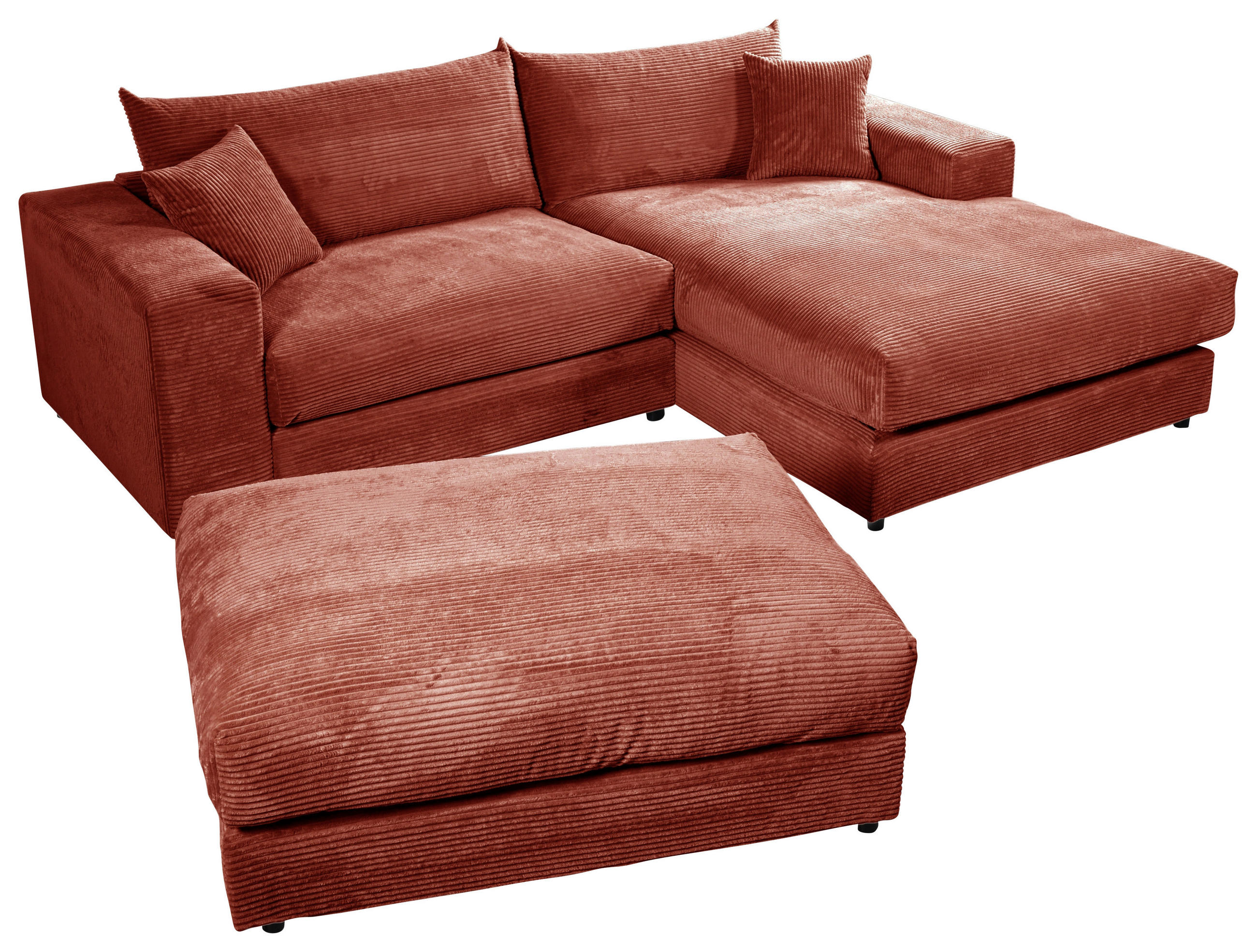ECKSOFA 265/180 cm FUNNY S in Cord, Velours Terracotta Zierkissen, Hocker, Rückenkissen  265/180 cm  - Terracotta/Schwarz, Basics, Kunststoff/Textil (265/180cm) - Livetastic