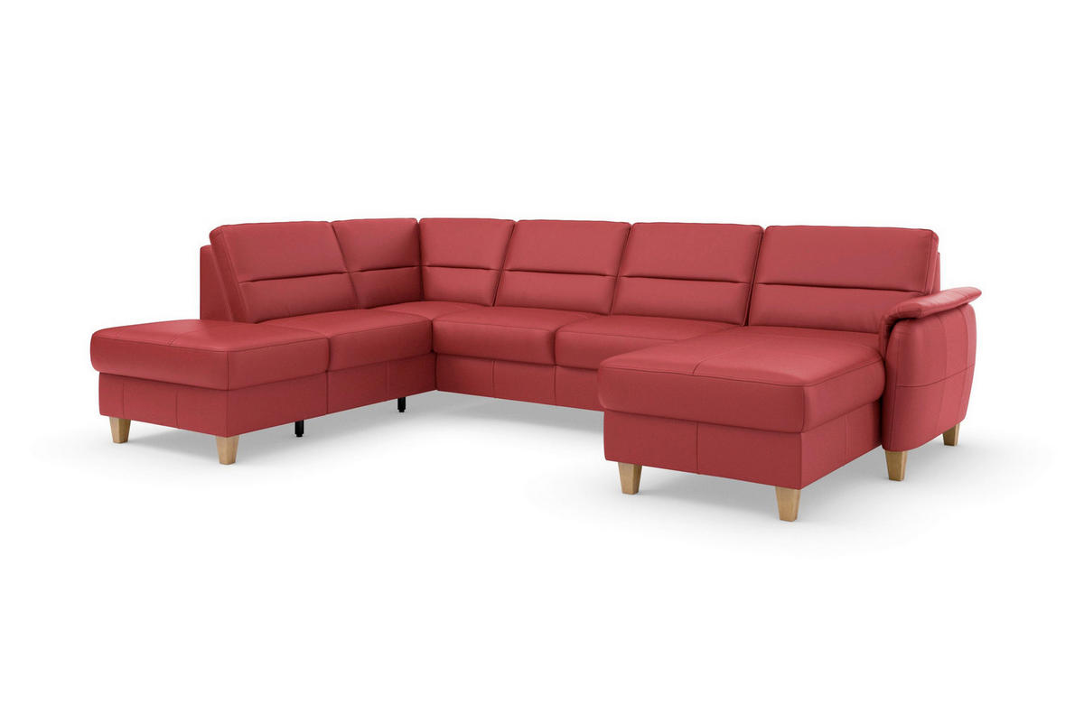 WOHNLANDSCHAFT PALMERA E in Echtleder Rot  - Eichefarben/Rot, Basics, Leder/Holz (212/308/163cm) - Sit & More