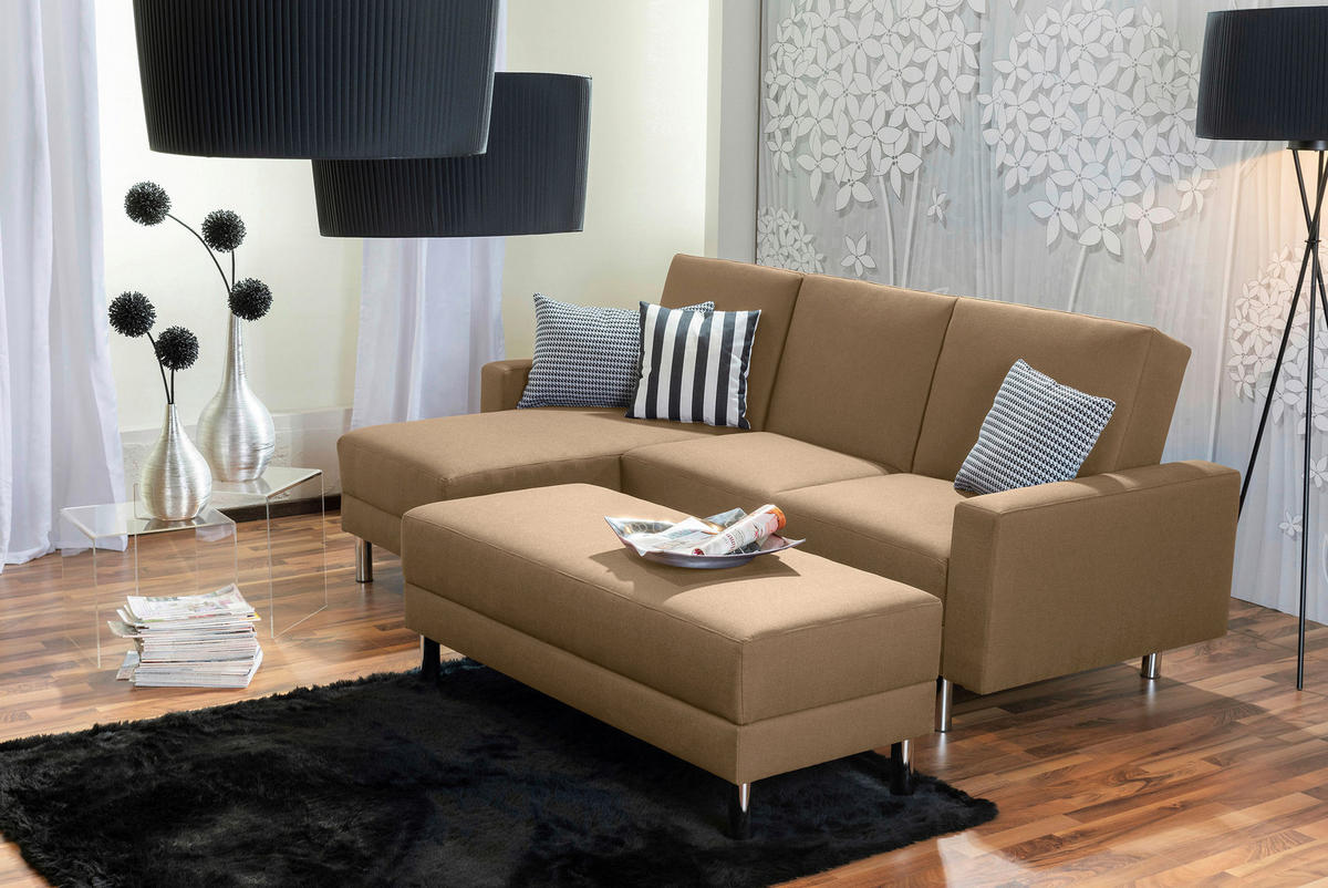 ECKSCHLAFSOFA inkl. Hocker in Sandfarben Textil   - Sandfarben/Chromfarben, Konventionell, Textil/Metall (152/230cm) - Max Winzer