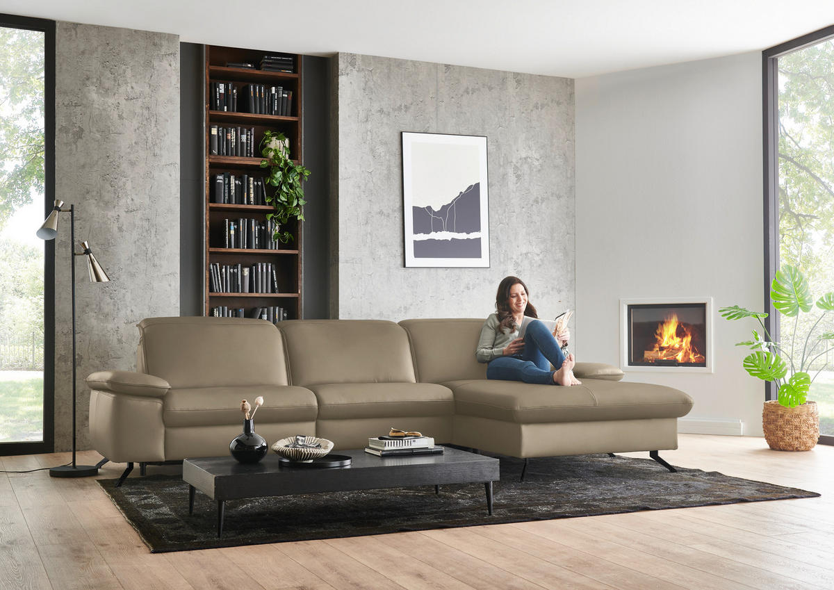 ECKSOFA  Echtleder Schlammfarben  - Schlammfarben/Schwarz, Design, Leder/Metall (307/169cm) - Beldomo Premium