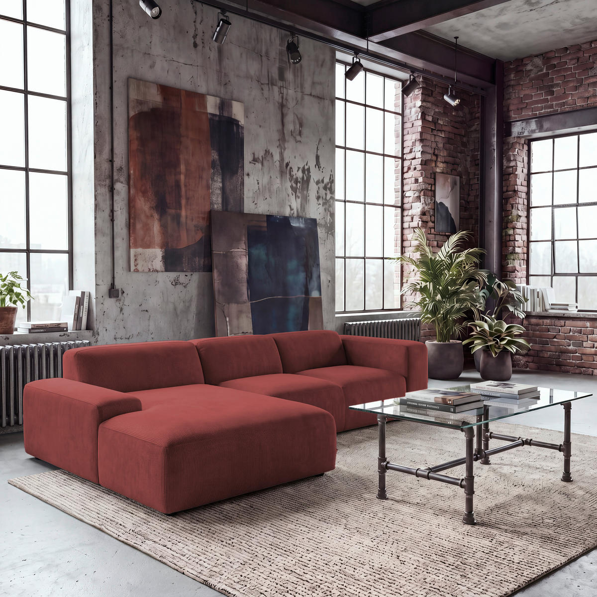 ECKSOFA HANNAH Rot Cord  - Rot/Schwarz, Design, Kunststoff/Textil (200/304cm) - MID.YOU