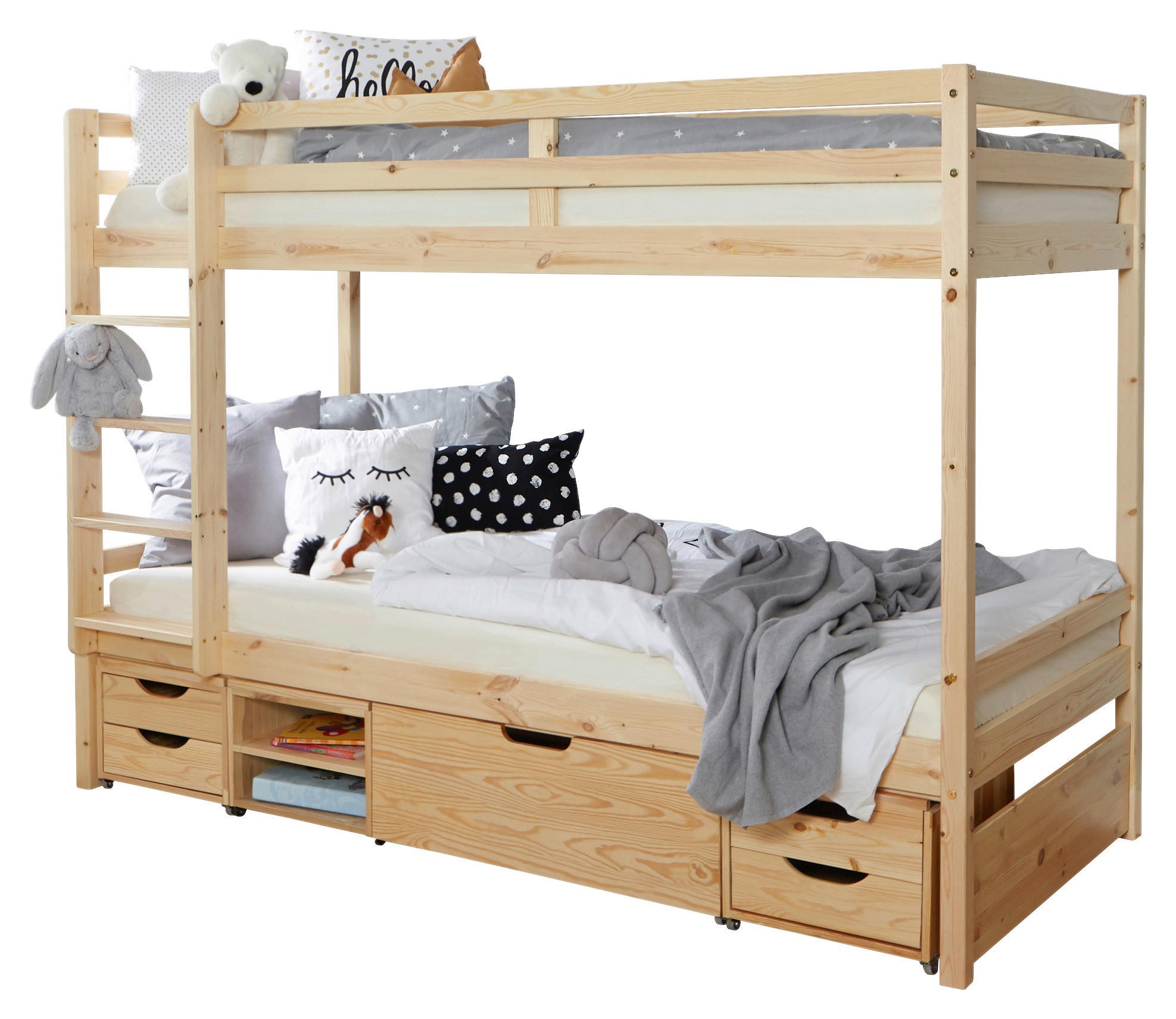 ETAGENBETT 90/200 cm,  in Weiß, Absturzsicherung, Leiter, Bettschublade  - Weiß/Naturfarben, MODERN, Holz (90/200cm) - MID.YOU