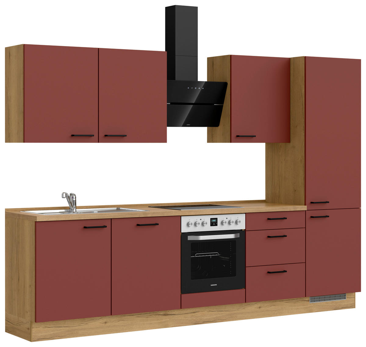 KÜCHENBLOCK Easytouch 300 cm  in Eichefarben, Dunkelrot  - Eichefarben/Schwarz, MODERN, Holzwerkstoff/Metall (300cm) - Nobilia