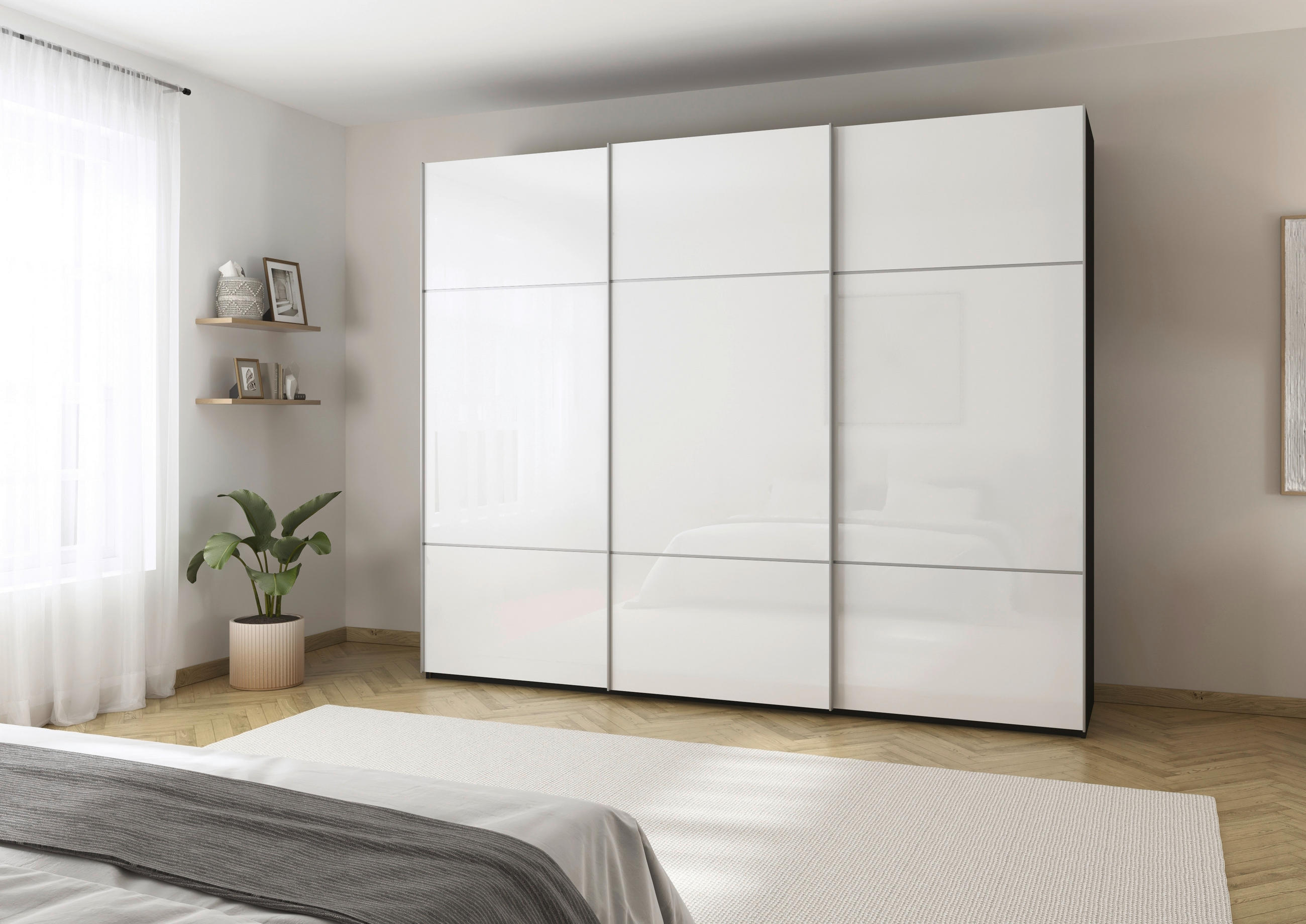 SCHWEBETÜRENSCHRANK in Schwarz, Weiss  - Weiss/Alufarben, Konventionell, Glas/Holzwerkstoff (242/223/68cm) - Novel