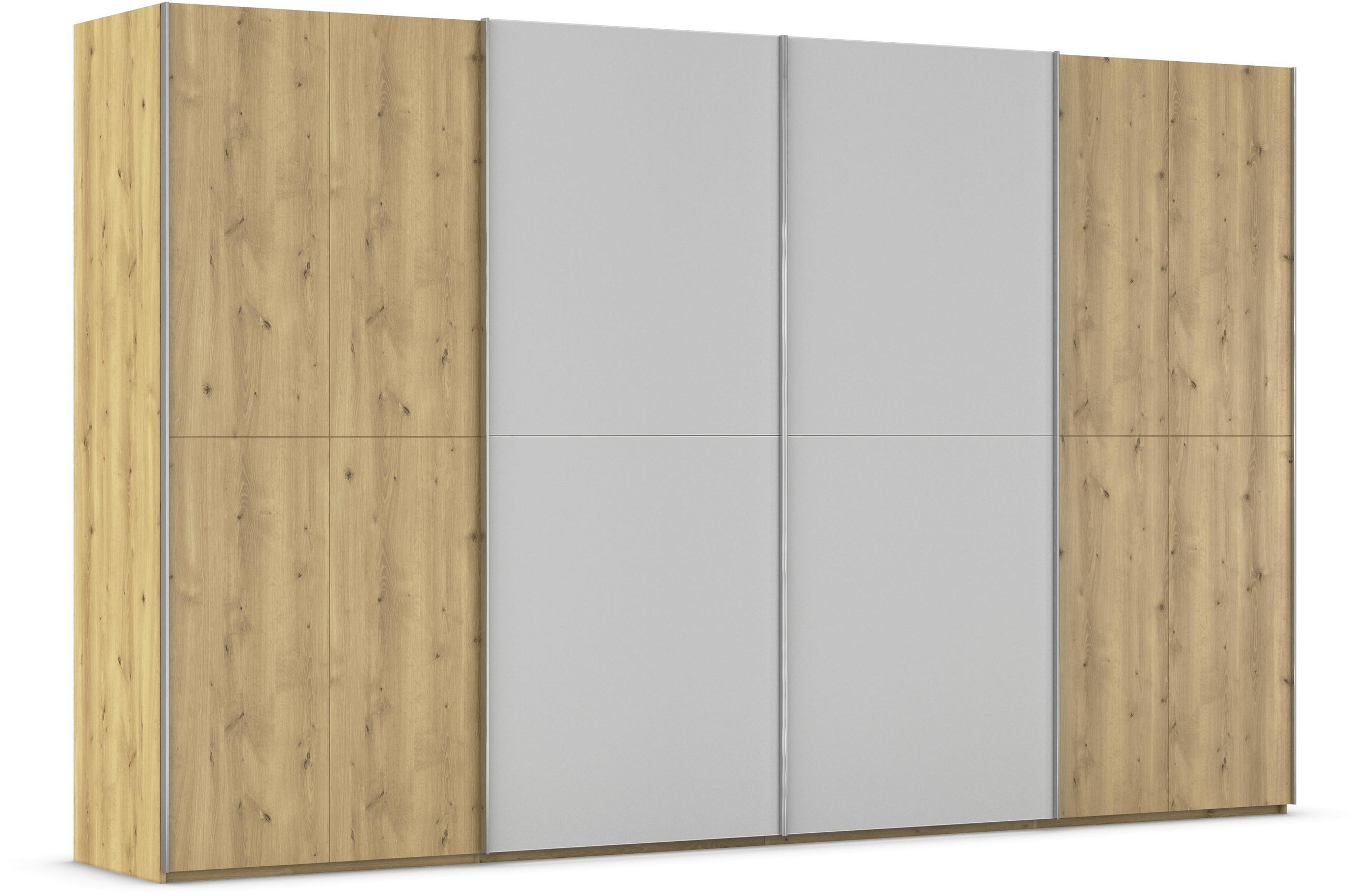 SCHWEBETÜRENSCHRANK 360/223/68 cm 4-türig Eichefarben, Chromfarben, Hellgrau  - Chromfarben/Eichefarben, Design, Glas/Holz (360/223/68cm) - Novel