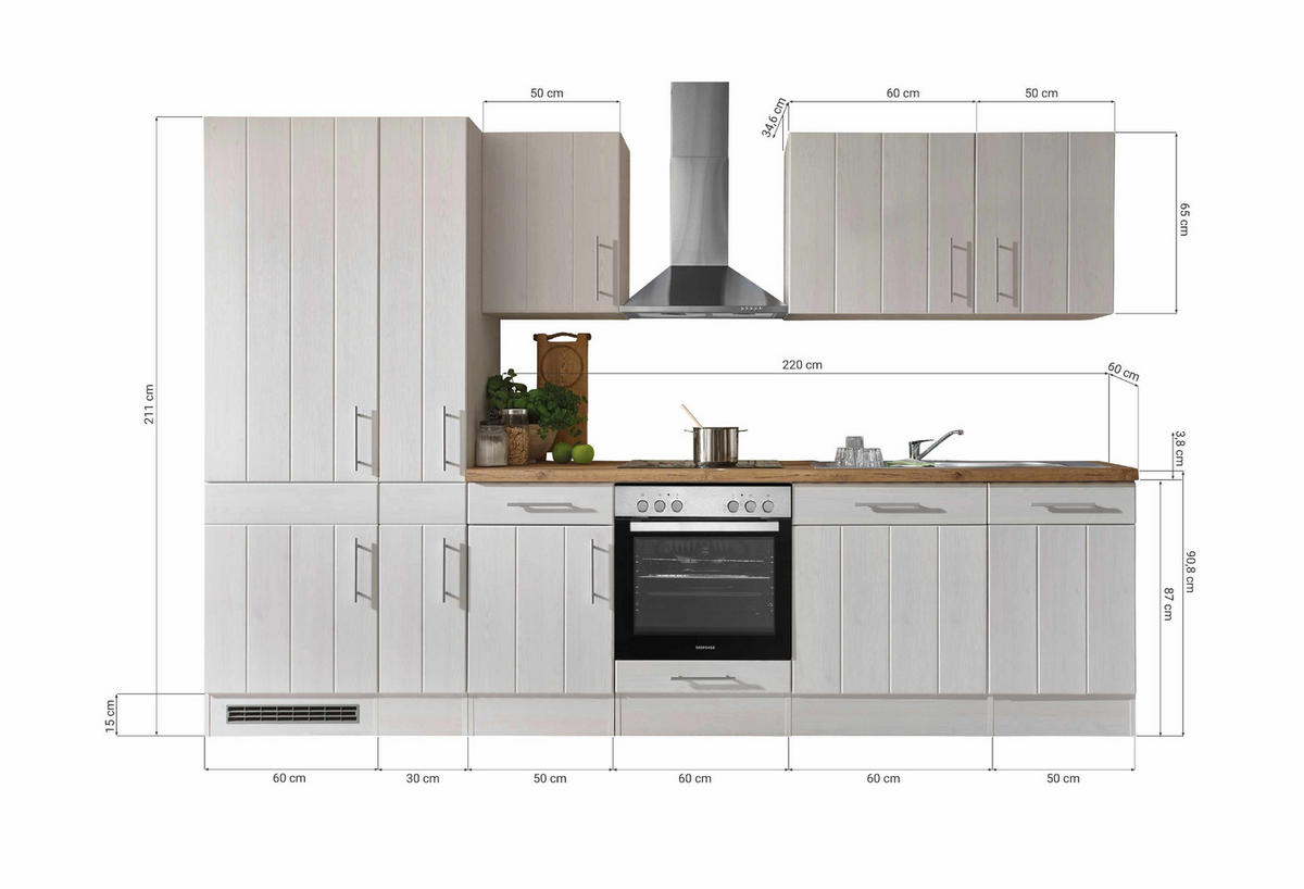 KÜCHENBLOCK 310 cm   in Weiss, Lärchefarben  - Wildeiche/Weiss, Romantik / Landhaus, Holzwerkstoff/Metall (310cm) - Respekta