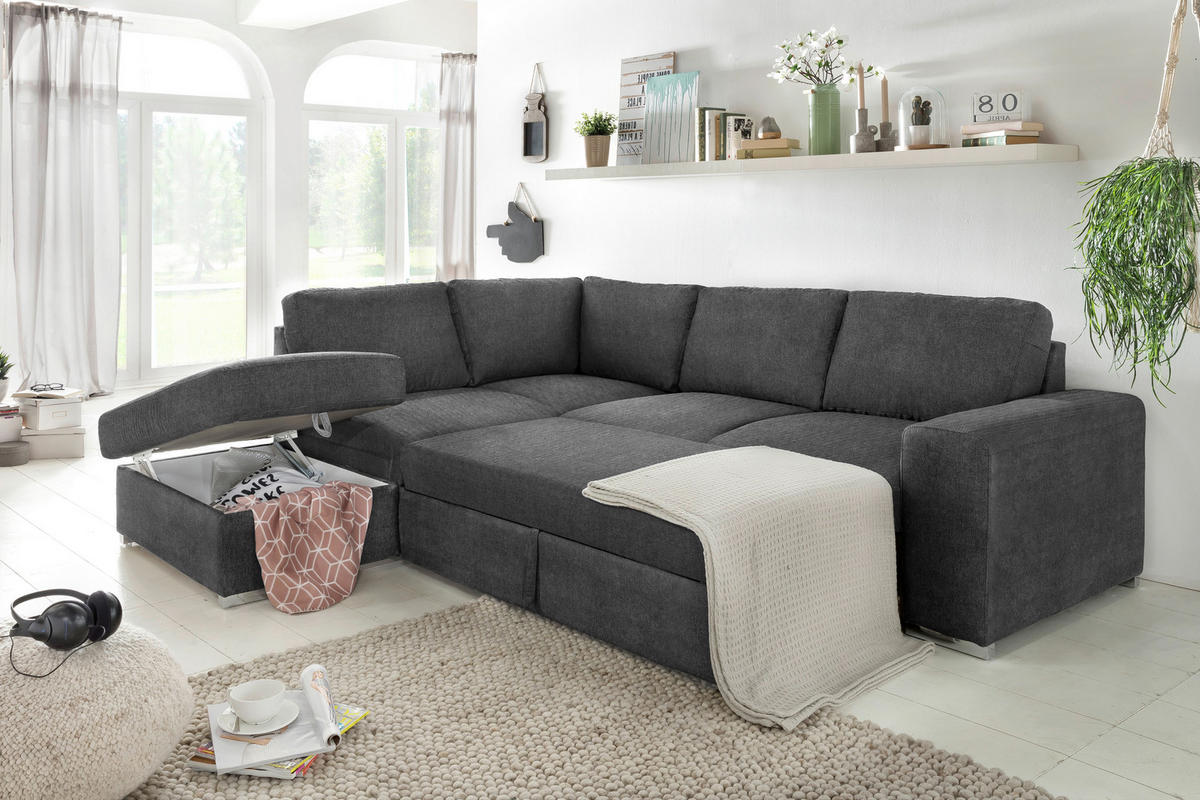 ECKSOFA in Mikrofaser Dunkelgrau  - Chromfarben/Dunkelgrau, Konventionell, Textil/Metall (213/248cm) - MID.YOU