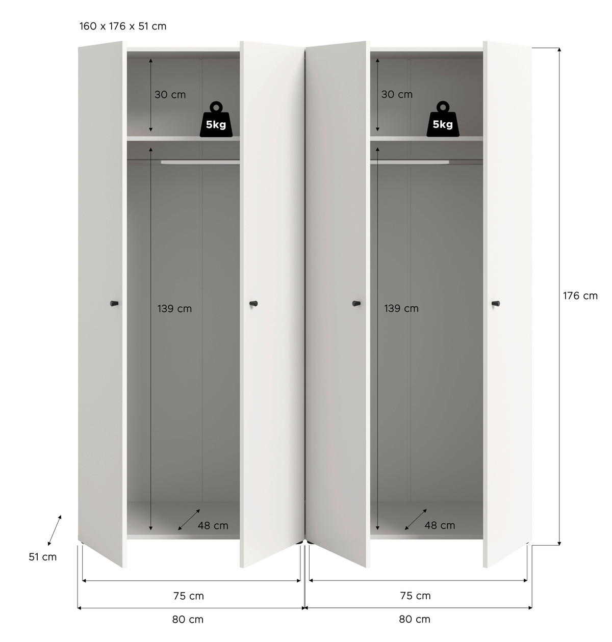 DREHTÜRENSCHRANK 160/176/51 cm,  in Weiß, 4-türig  - Schwarz/Weiß, MODERN, Holzwerkstoff/Kunststoff (160/176/51cm) - MID.YOU