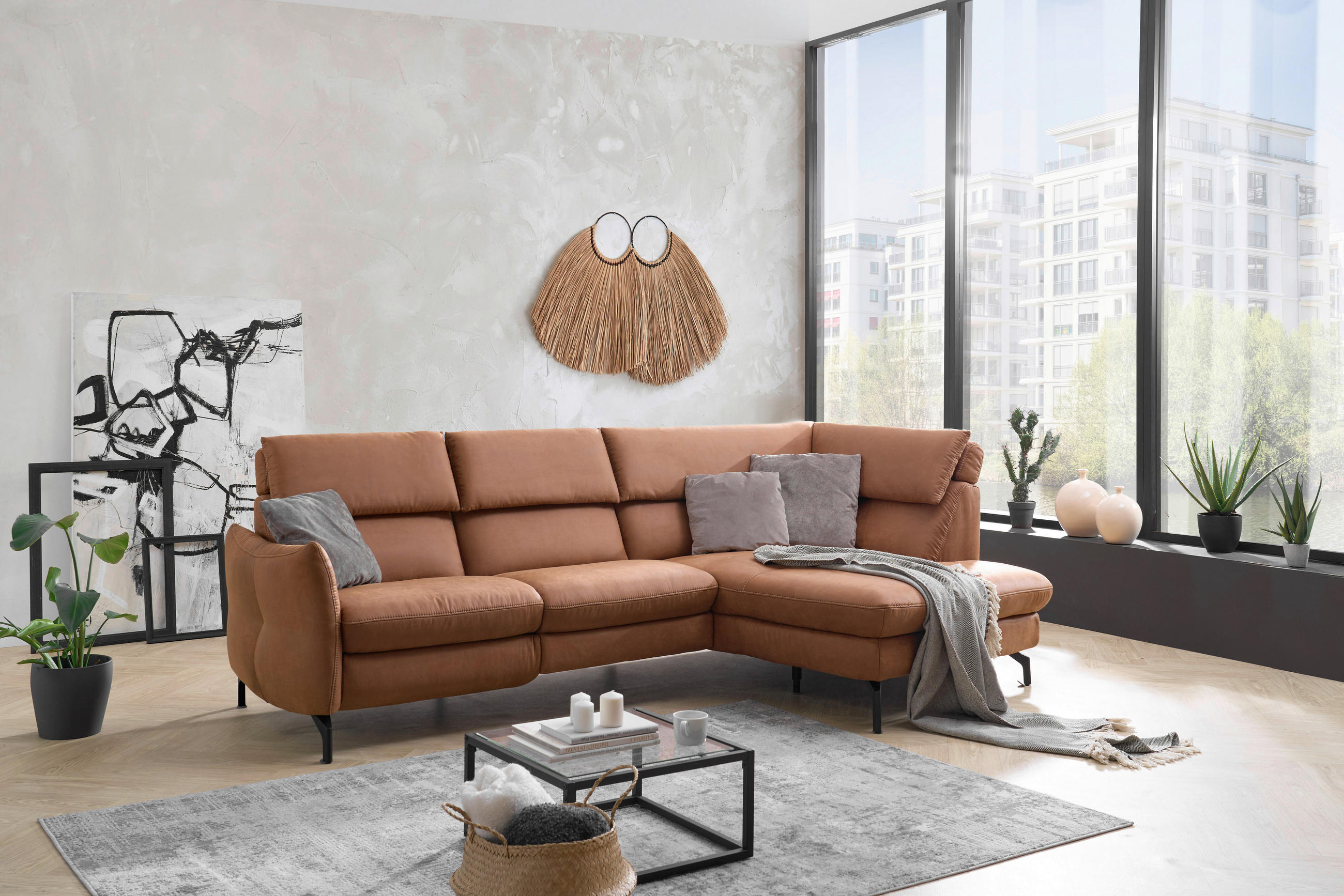 WOHNLANDSCHAFT Cognac  - Cognac/Beige, MODERN, Textil (274/160cm) - Livetastic